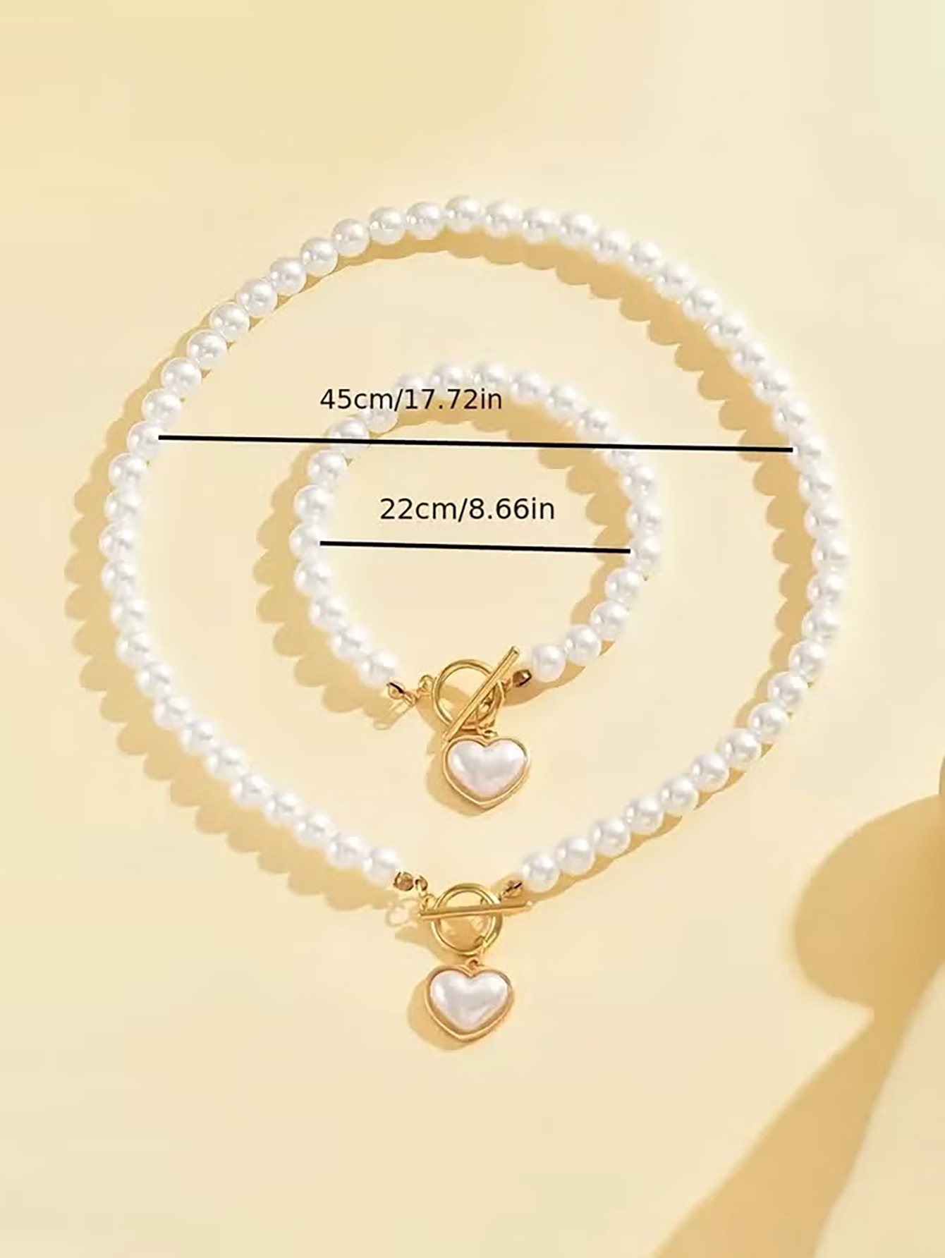 Gold faux Pearl Heart Toggle Necklace and Bracelet Set