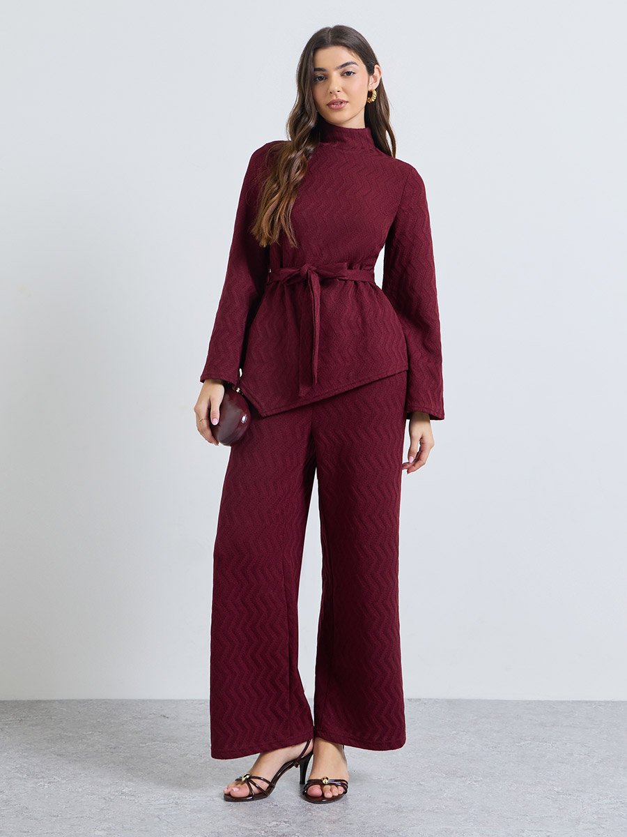 Burgundy Asymmetric Hem Flare Sleeve Top and Pants Winter Knit Modest Set