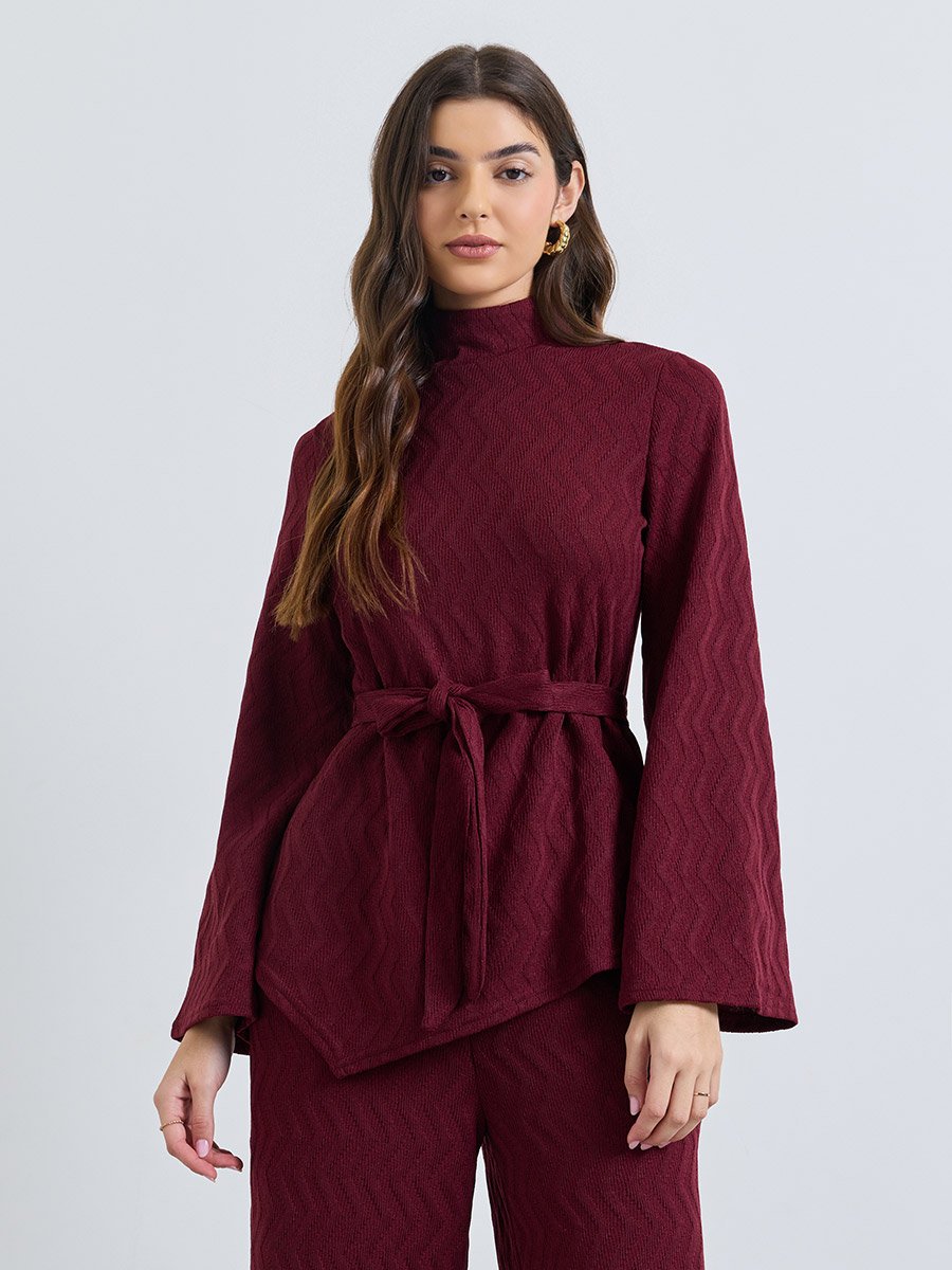 Burgundy Asymmetric Hem Flare Sleeve Top and Pants Winter Knit Modest Set
