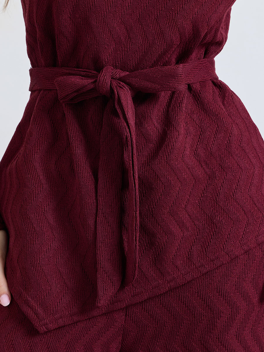 Burgundy Asymmetric Hem Flare Sleeve Top and Pants Winter Knit Modest Set