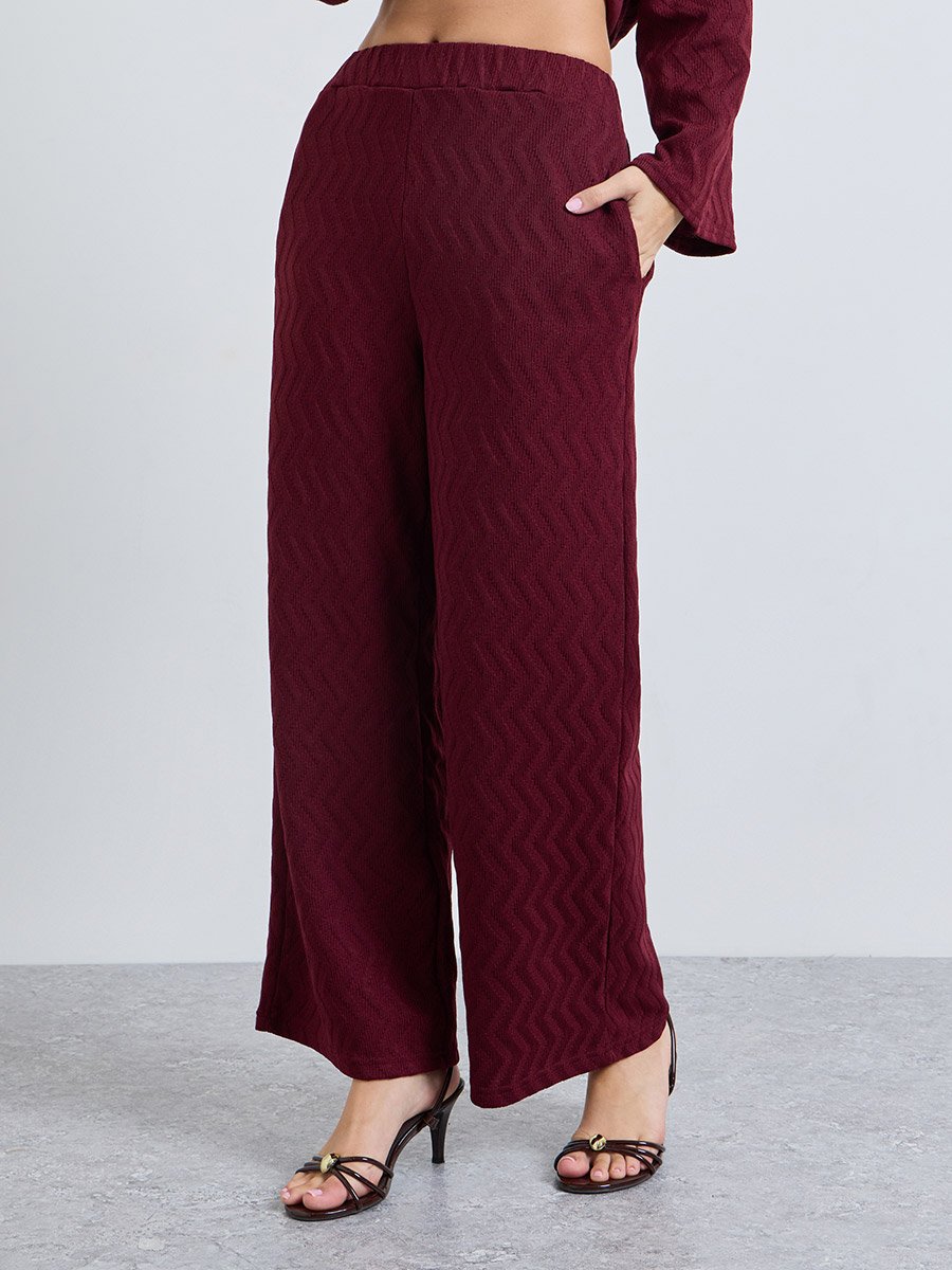 Burgundy Asymmetric Hem Flare Sleeve Top and Pants Winter Knit Modest Set