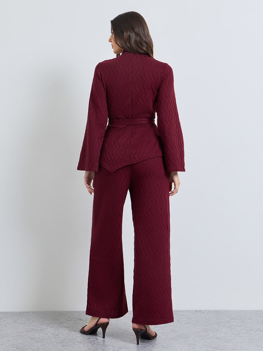 Burgundy Asymmetric Hem Flare Sleeve Top and Pants Winter Knit Modest Set
