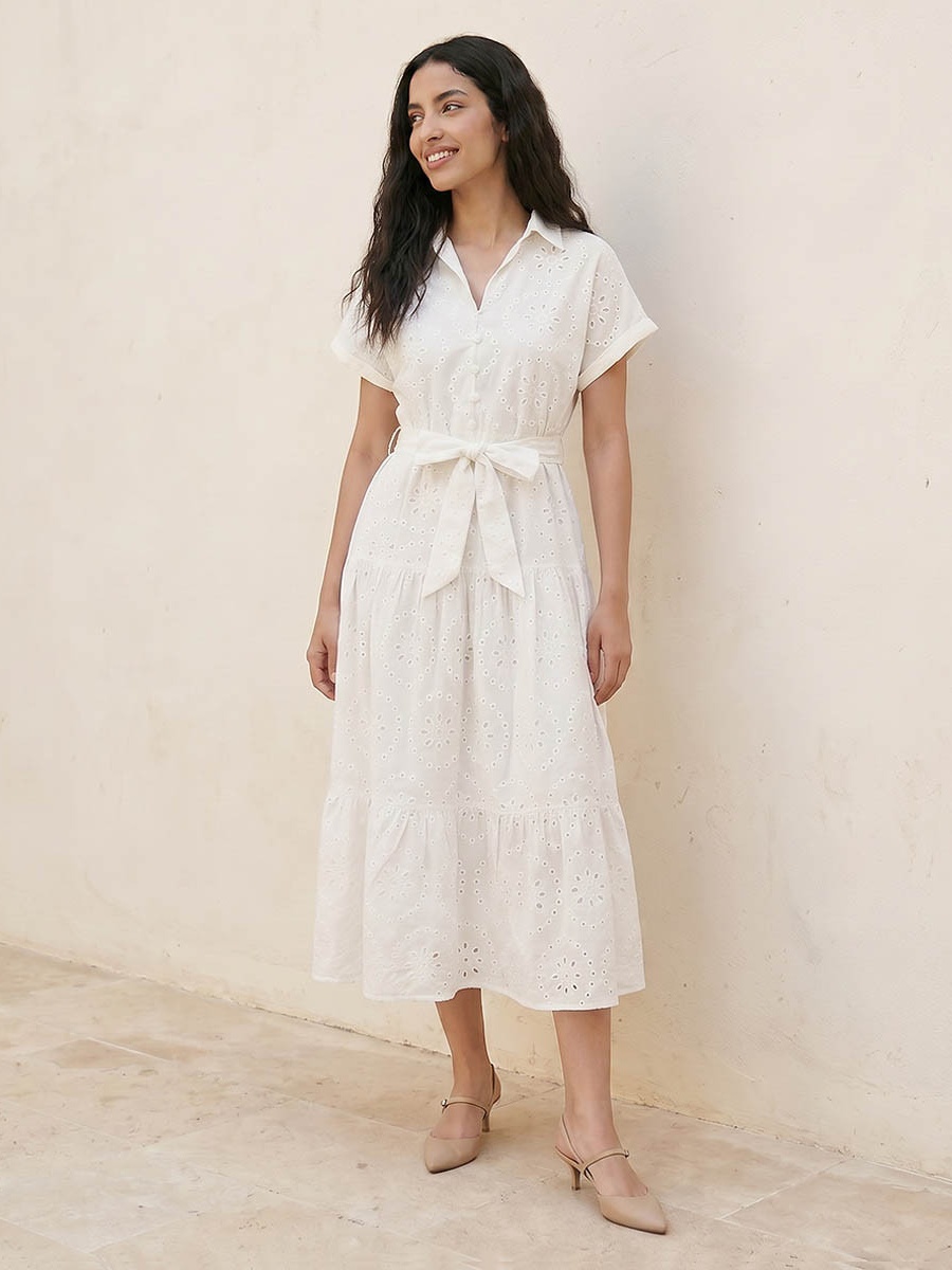 Cotton Schiffli Embroidered Shirt Dress