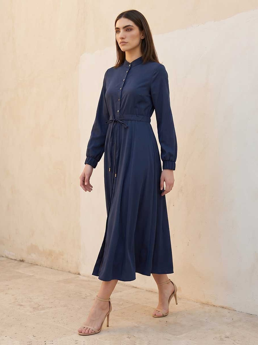 Midi Shirt Dress with Drawstring Waist