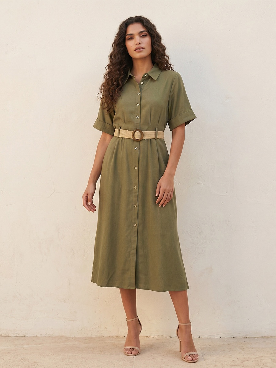 Belted A-Line Midi Shirt Dress