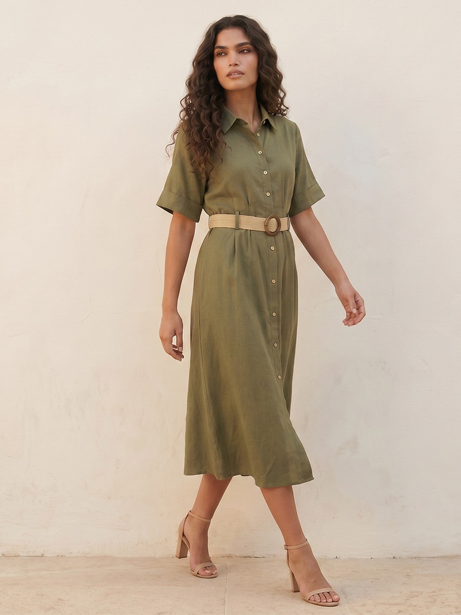 Belted A-Line Midi Shirt Dress