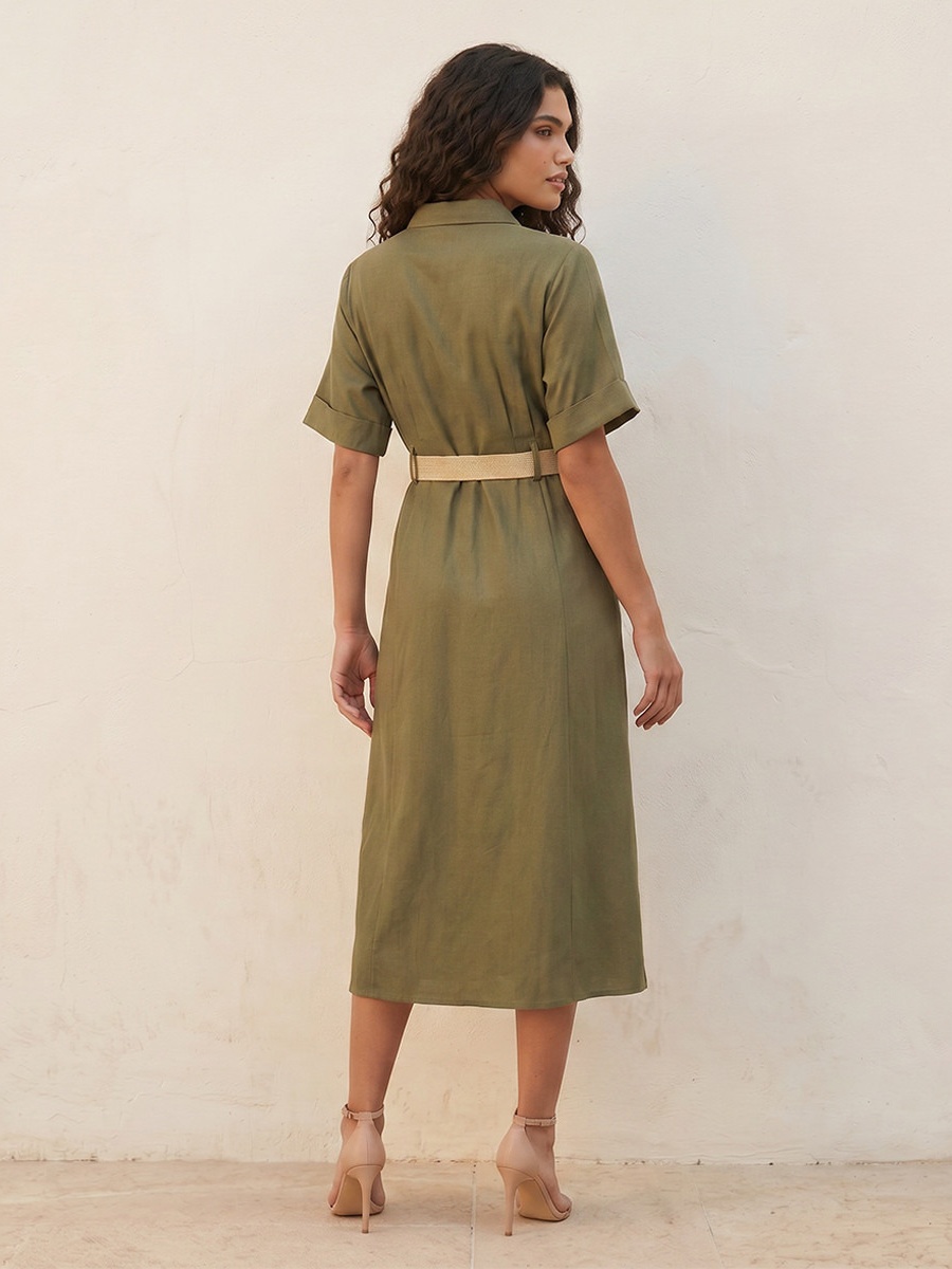 Belted A-Line Midi Shirt Dress