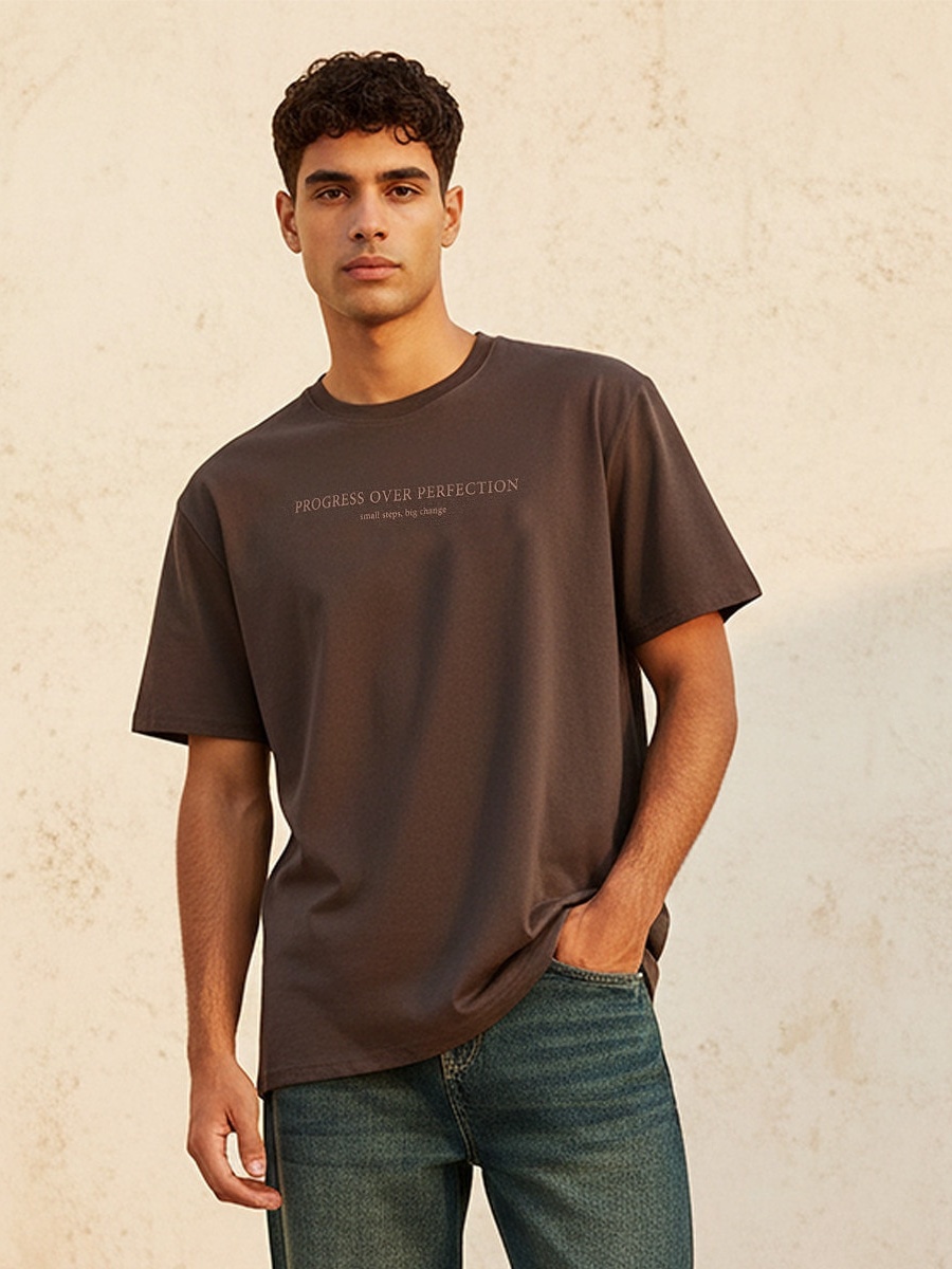Men Regular Fit Crew Neck Short Sleeves Slogan Print T-Shirt