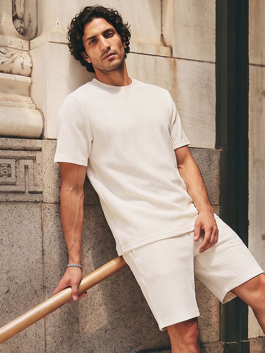 Men Regular Fit Crew Neck Short Sleeves Textured T-Shirt
