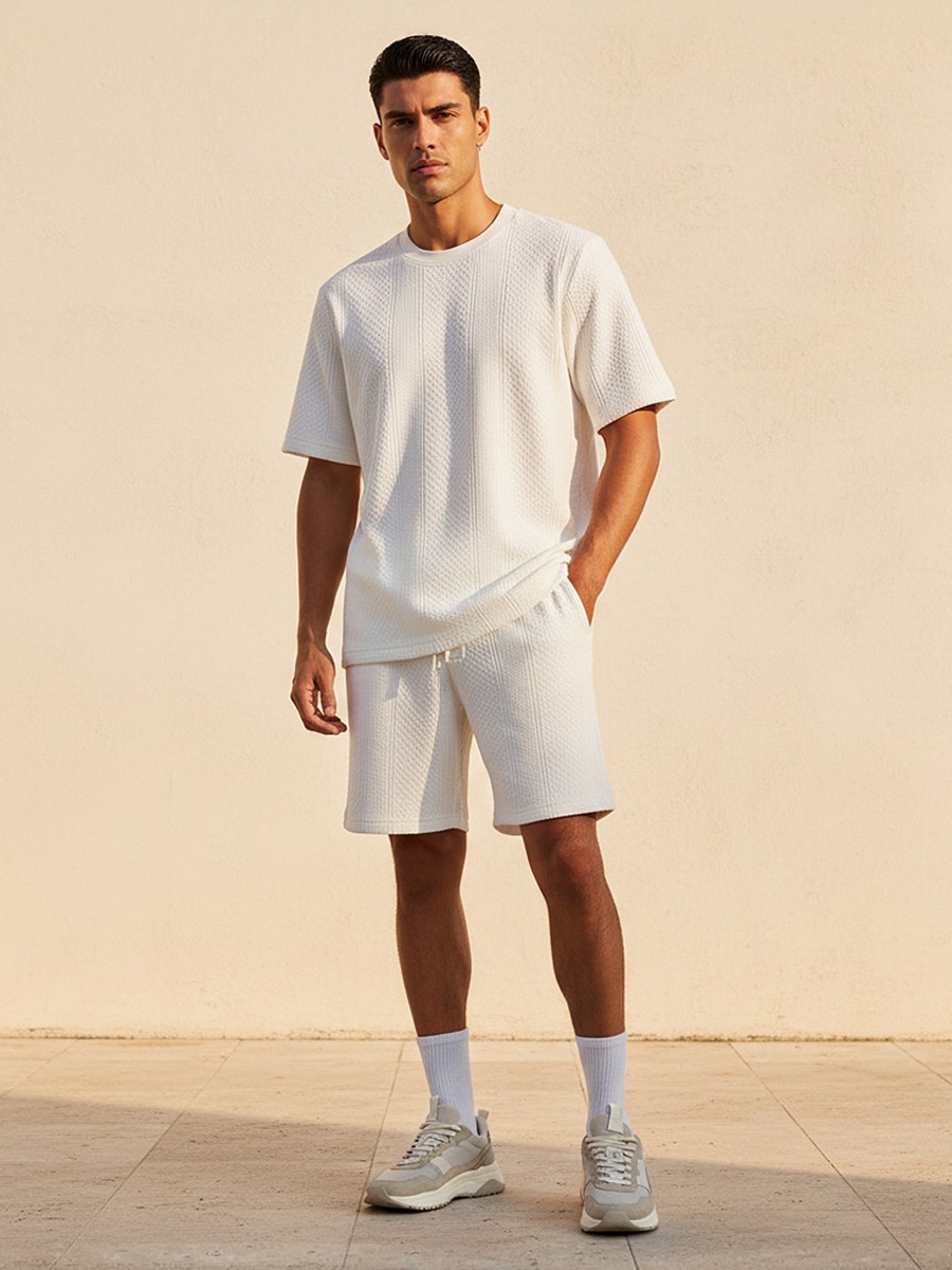 Men Regular Fit Crew Neck Short Sleeves Textured T-Shirt