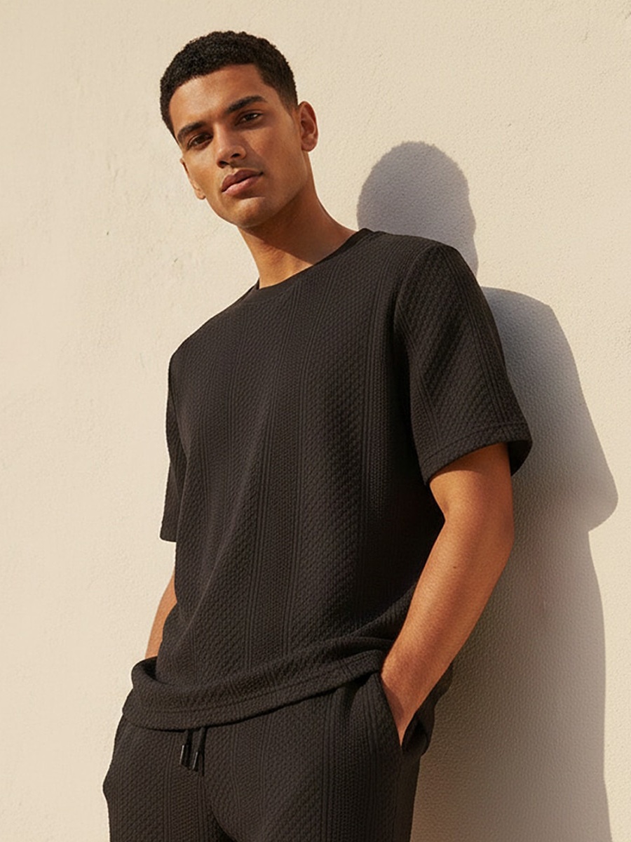 Men Regular Fit Crew Neck Short Sleeves Textured T-Shirt