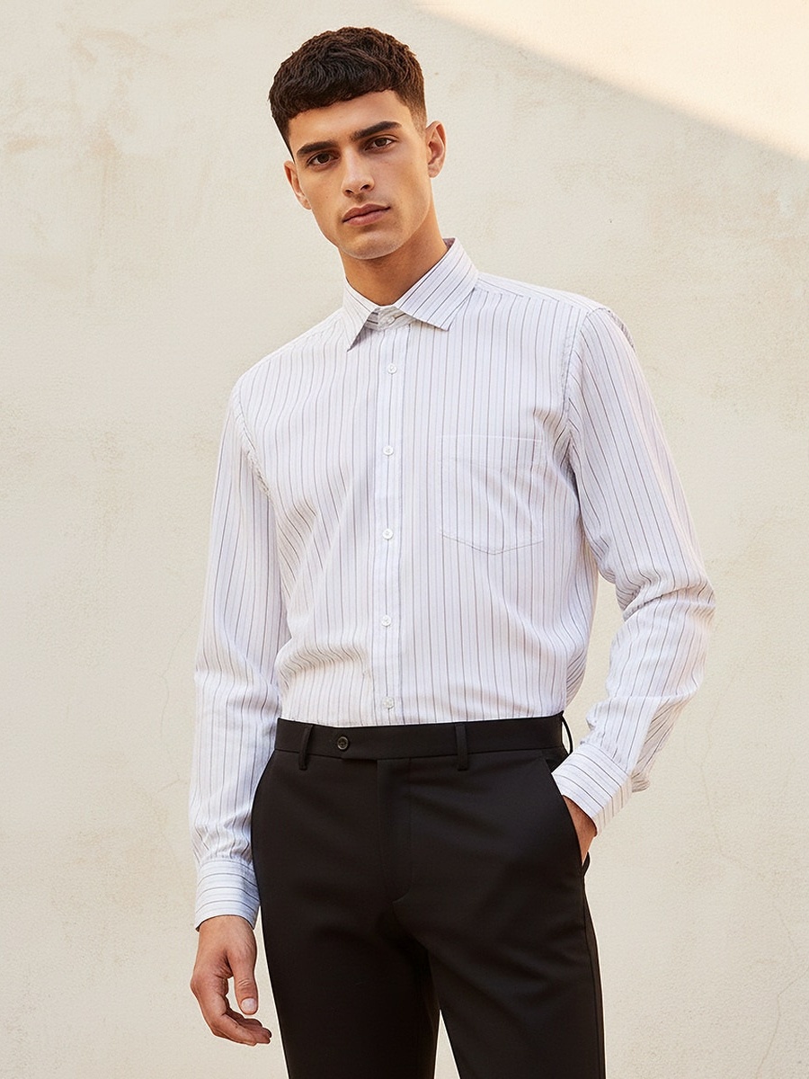 Regular Fit Collared Striped Long Sleeves Shirt