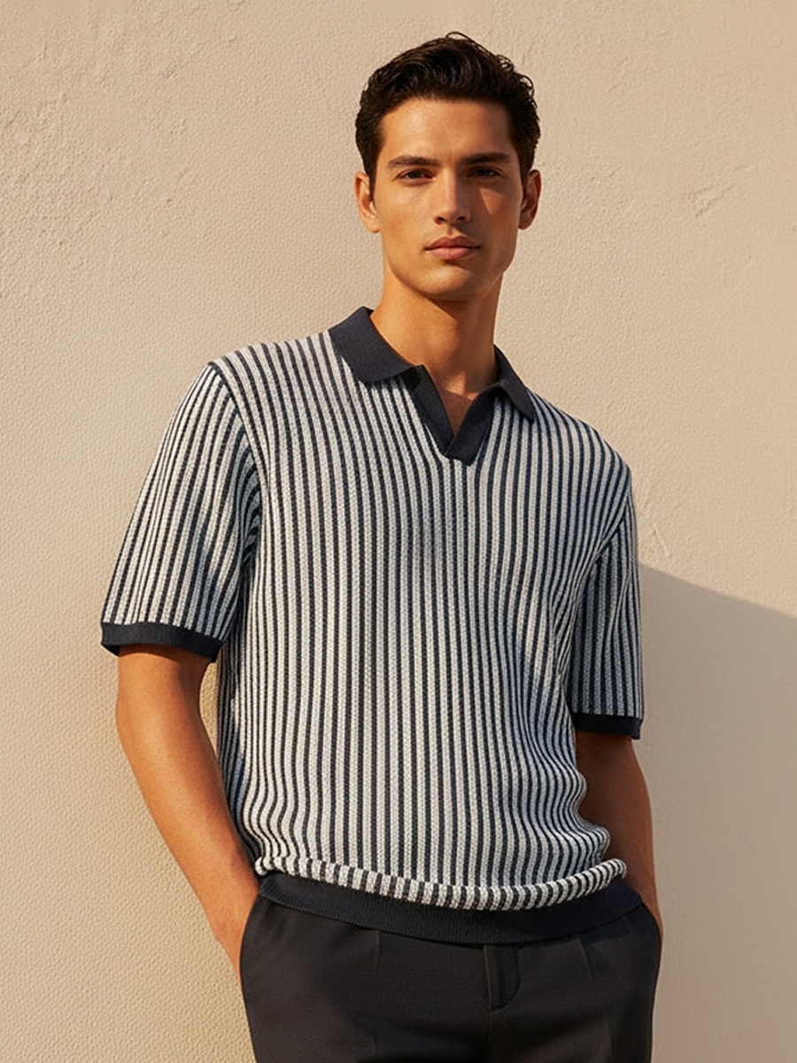 Men Short Sleeves Striped Polo T-Shirt