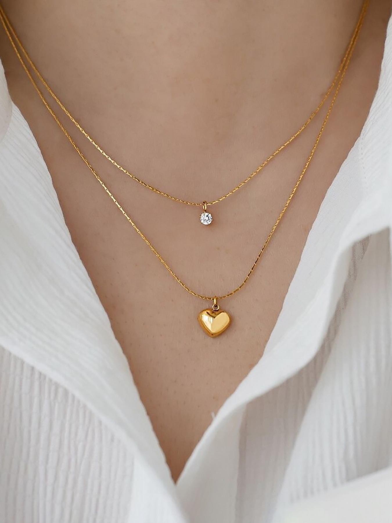 Gold Layered Heart and Solitaire Pendant Necklace