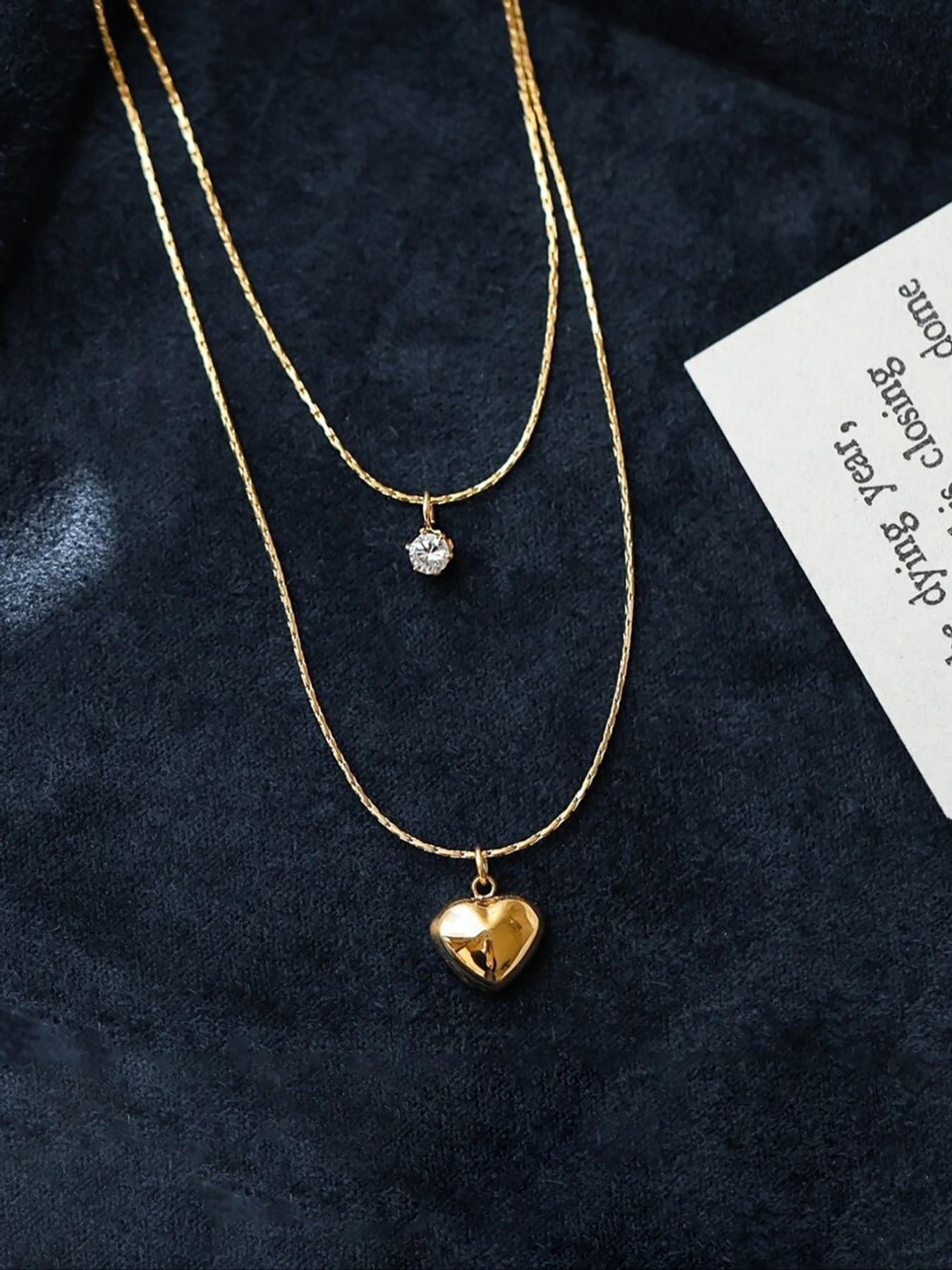 Gold Layered Heart and Solitaire Pendant Necklace