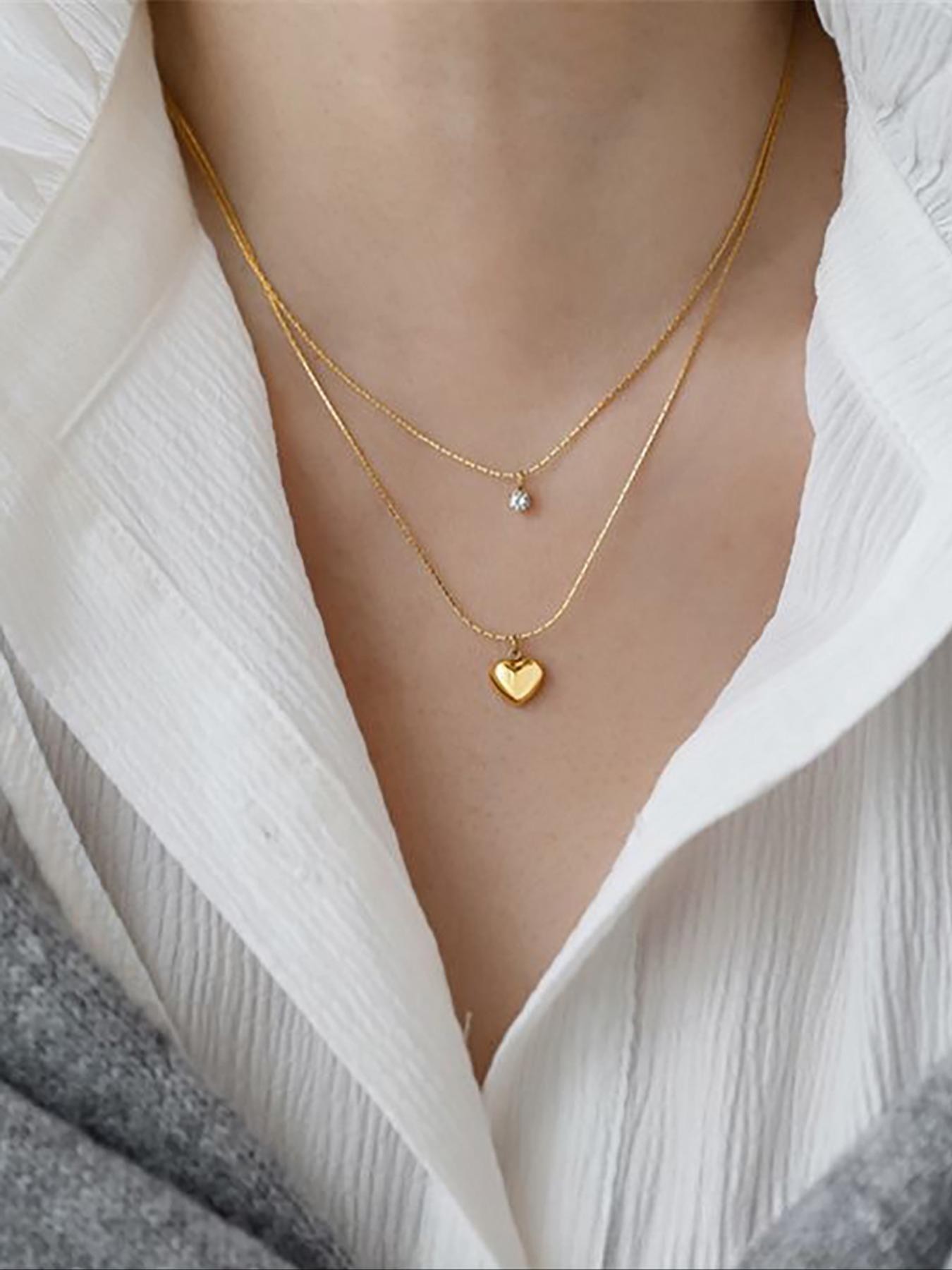 Gold Layered Heart and Solitaire Pendant Necklace