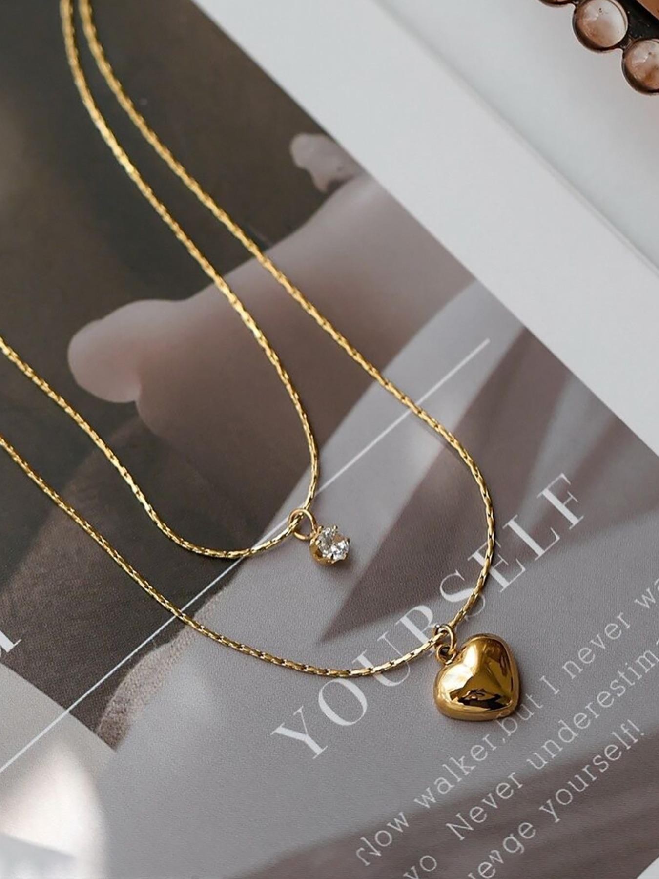 Gold Layered Heart and Solitaire Pendant Necklace