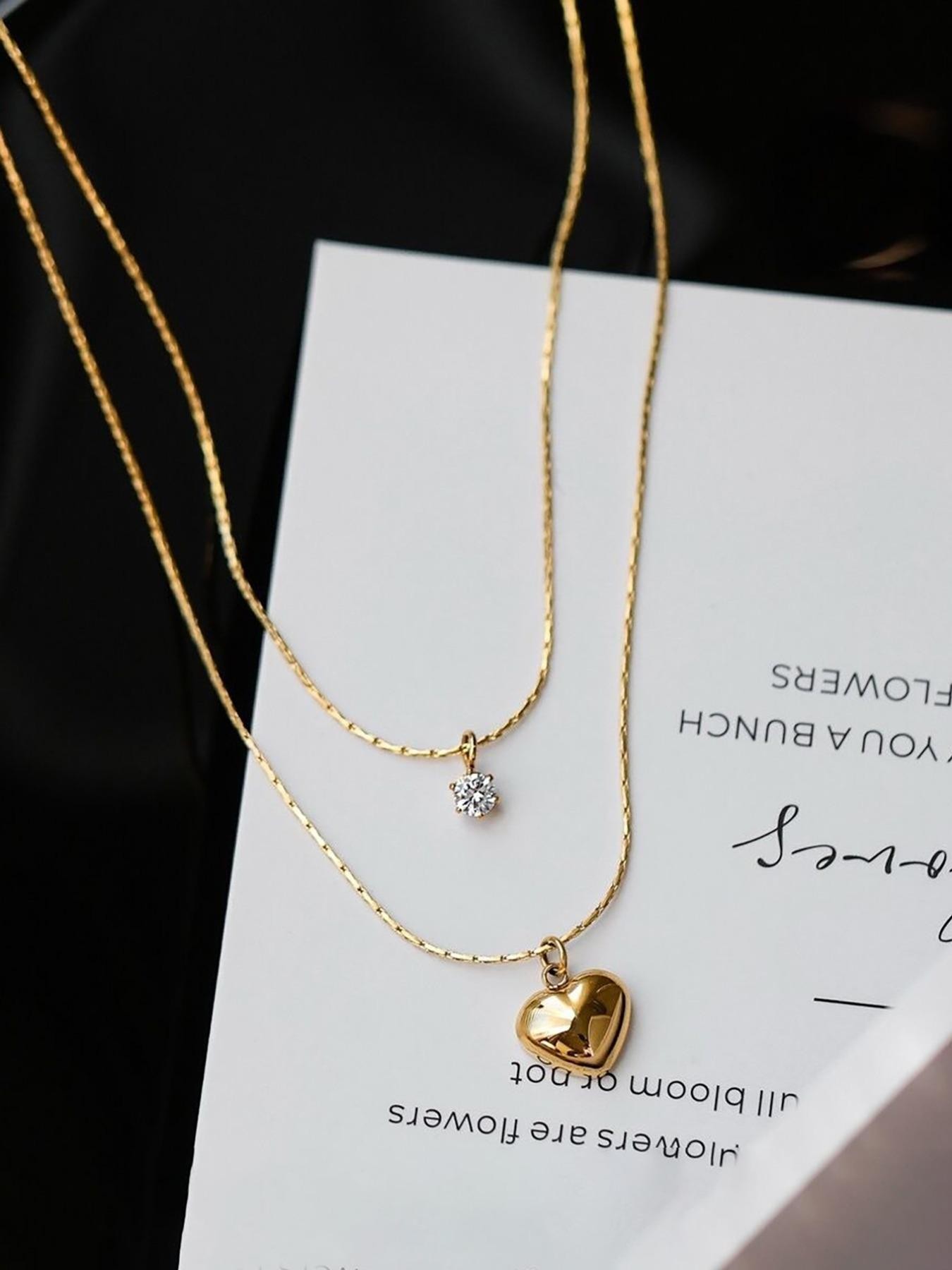 Gold Layered Heart and Solitaire Pendant Necklace