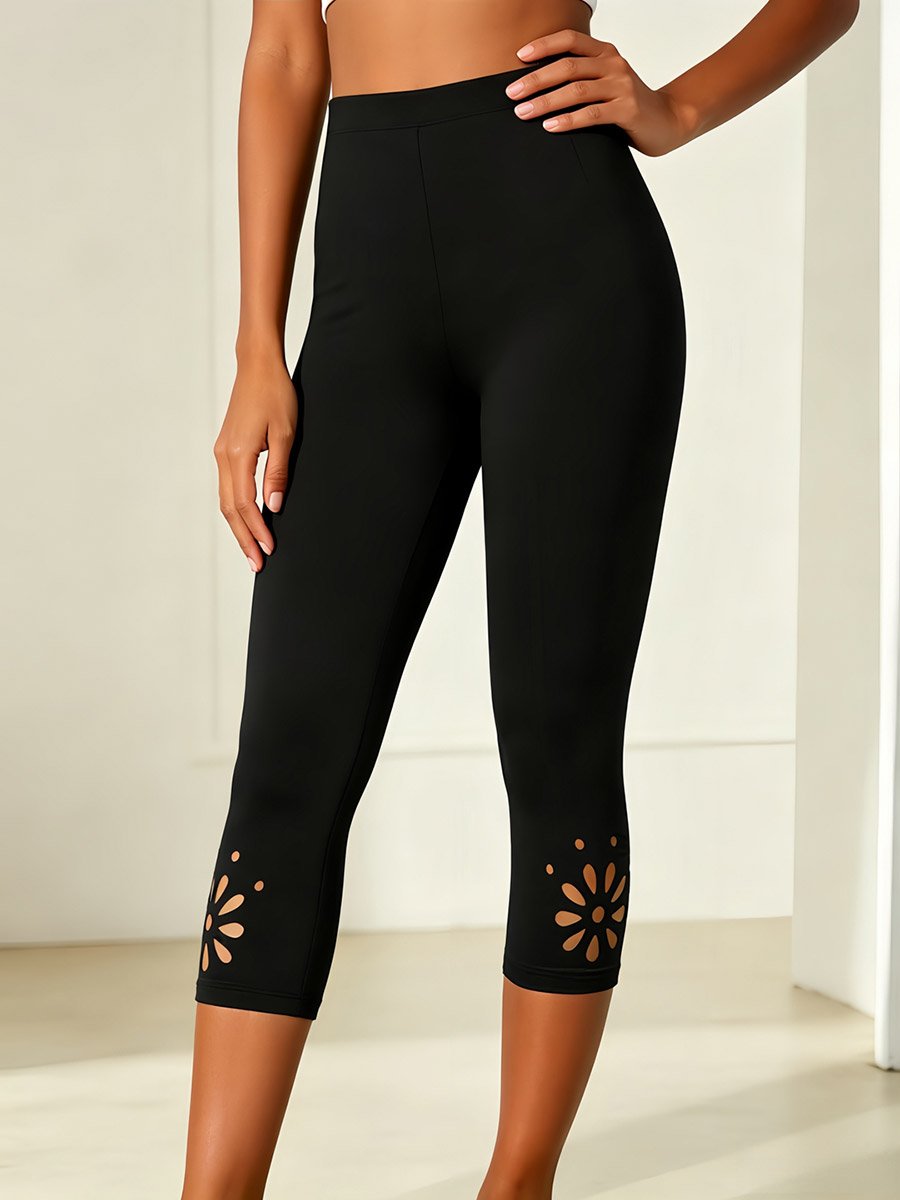Black Capri Leggings with Laser-Cut Detail