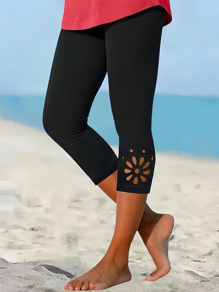 Black Capri Leggings with Laser-Cut Detail