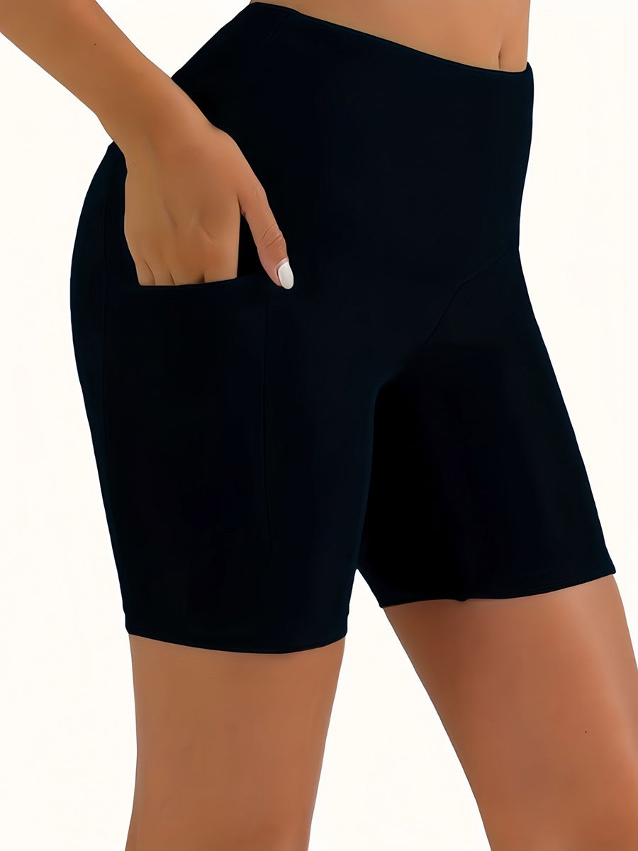 Black Solid Activewear Shorts with Slip Pocket