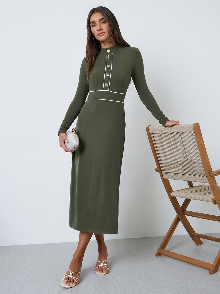 Olive A-Line Midi Dress with Long Sleeves