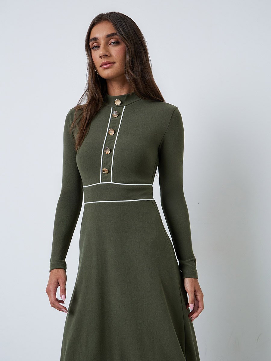 Olive A-Line Midi Dress with Long Sleeves
