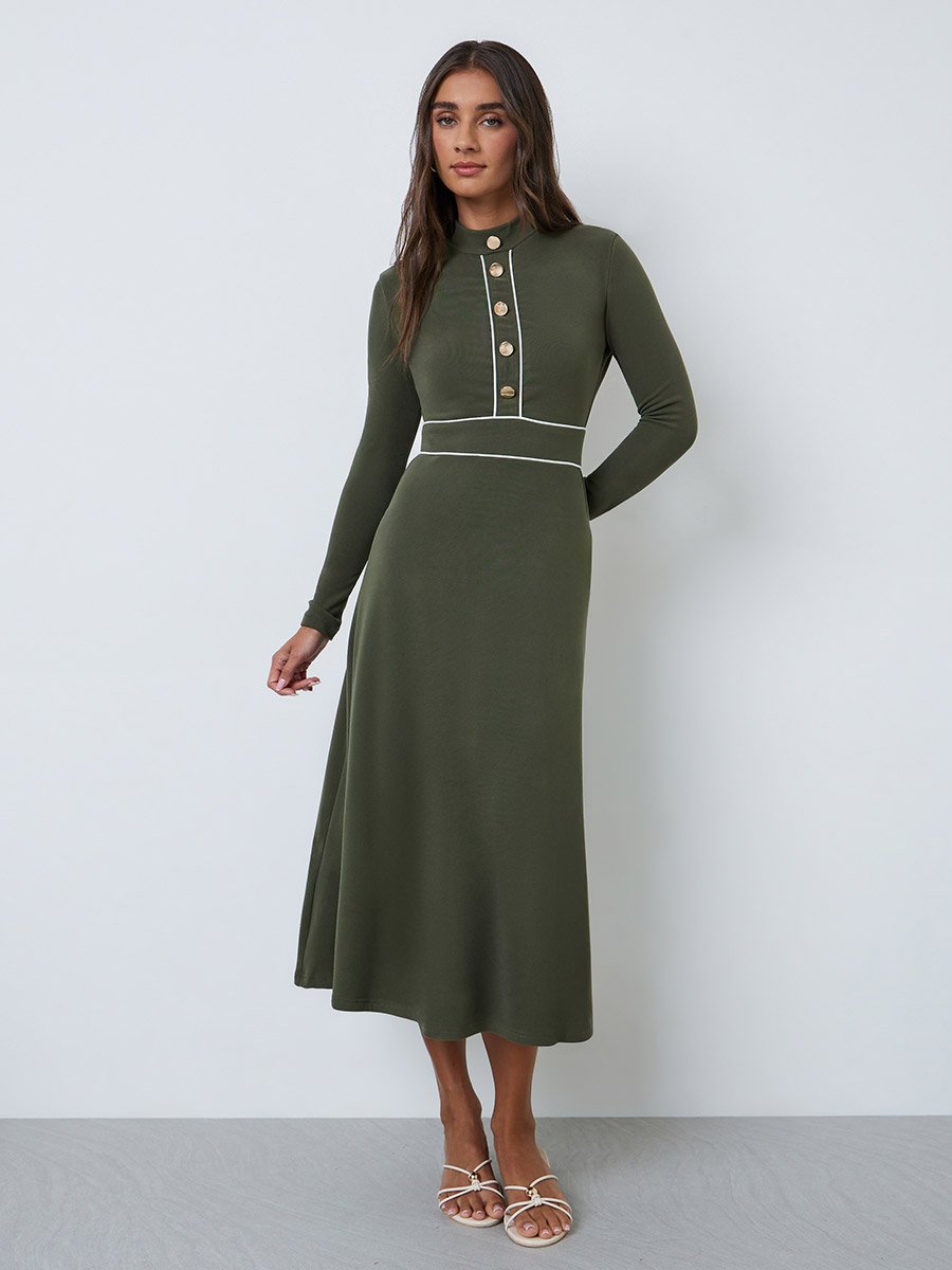 Olive A-Line Midi Dress with Long Sleeves