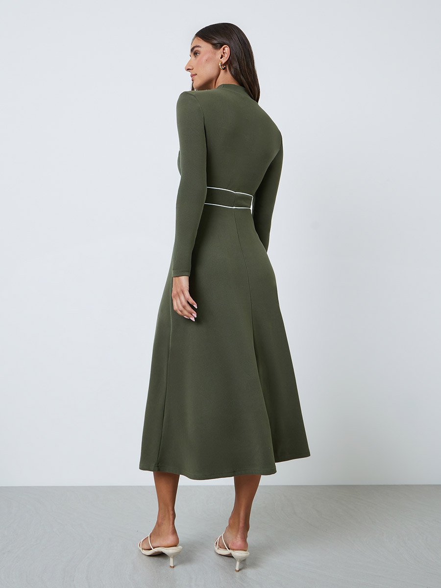 Olive A-Line Midi Dress with Long Sleeves