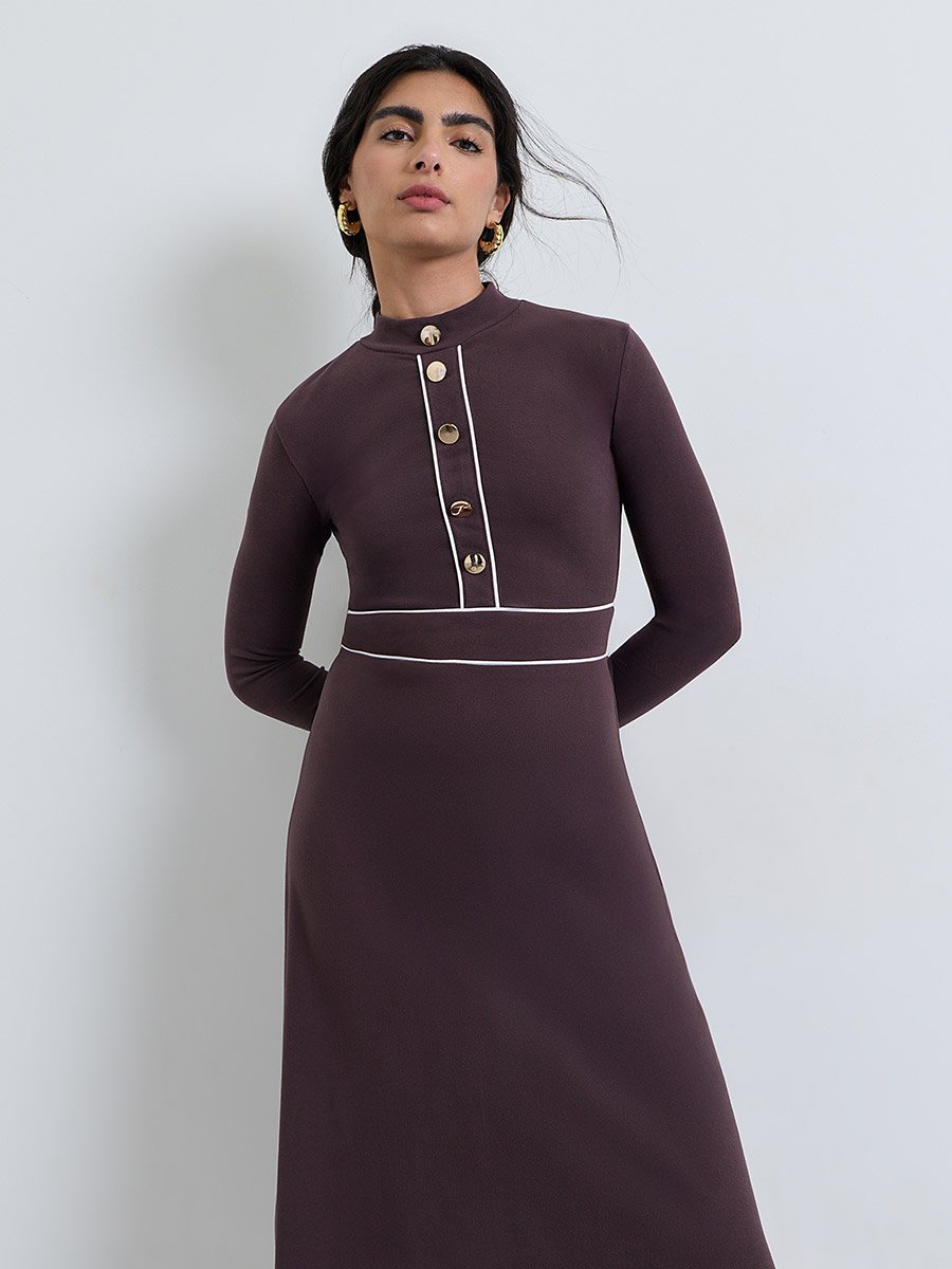 Brown A-Line Midi Dress with Long Sleeves