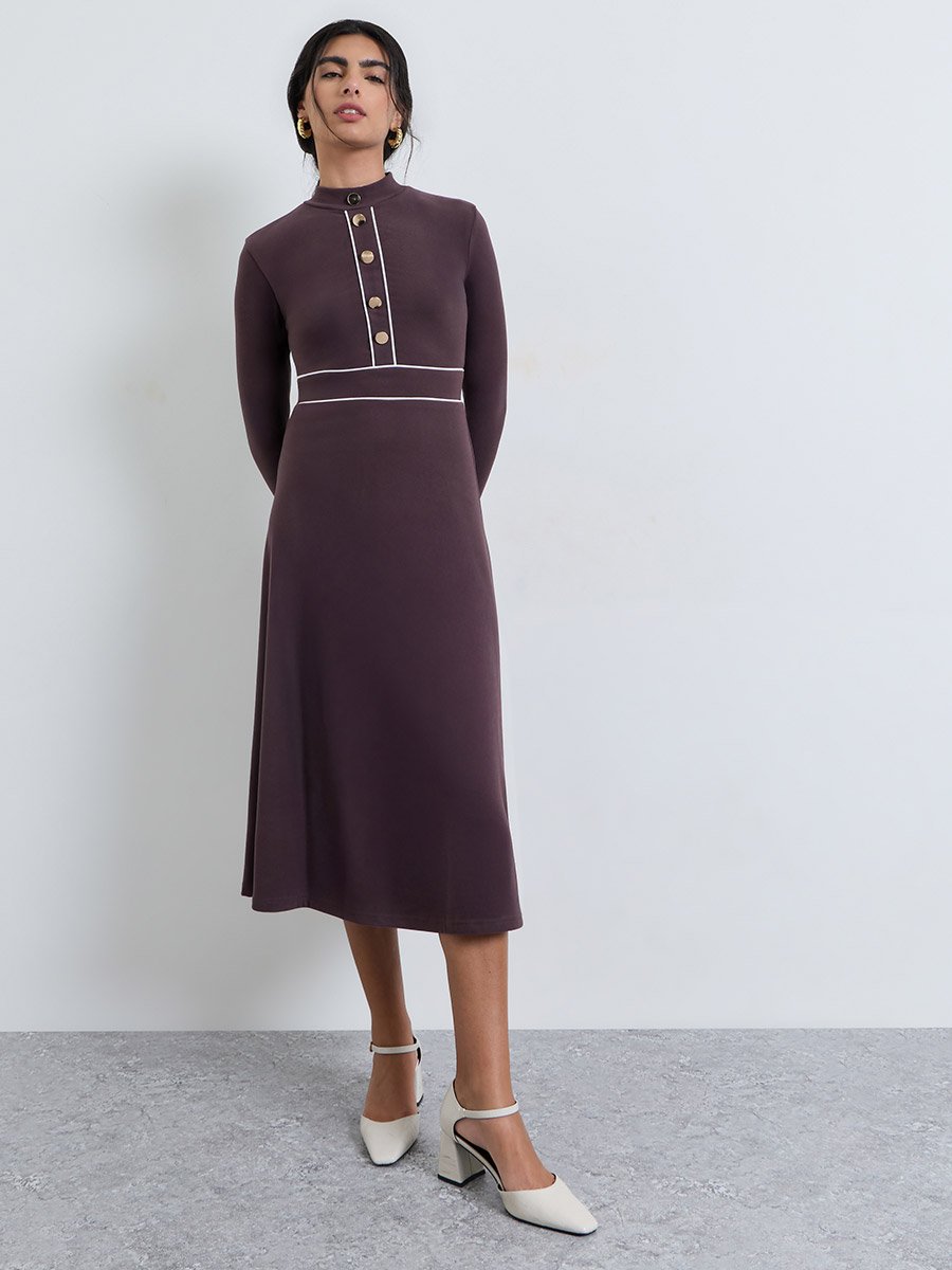 Brown A-Line Midi Dress with Long Sleeves