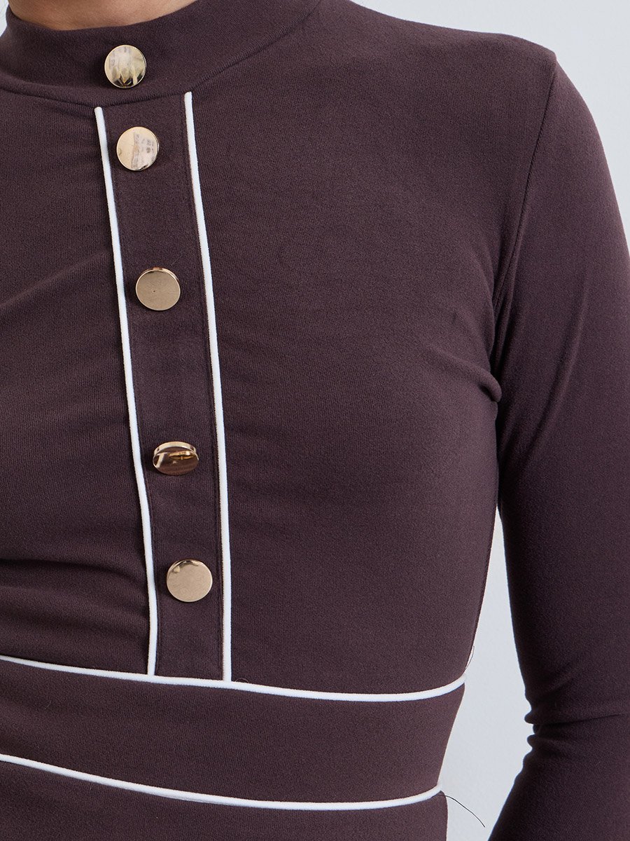 Brown A-Line Midi Dress with Long Sleeves