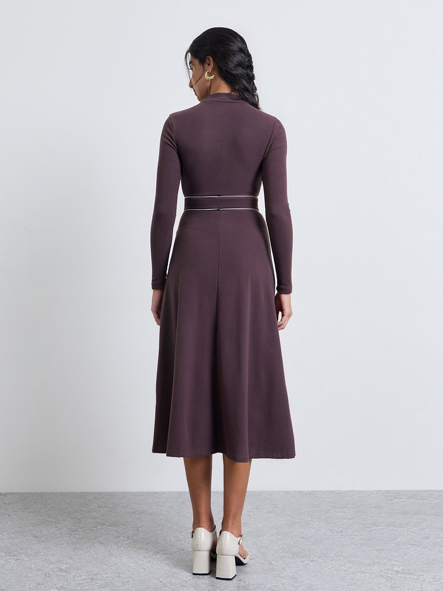 Brown A-Line Midi Dress with Long Sleeves