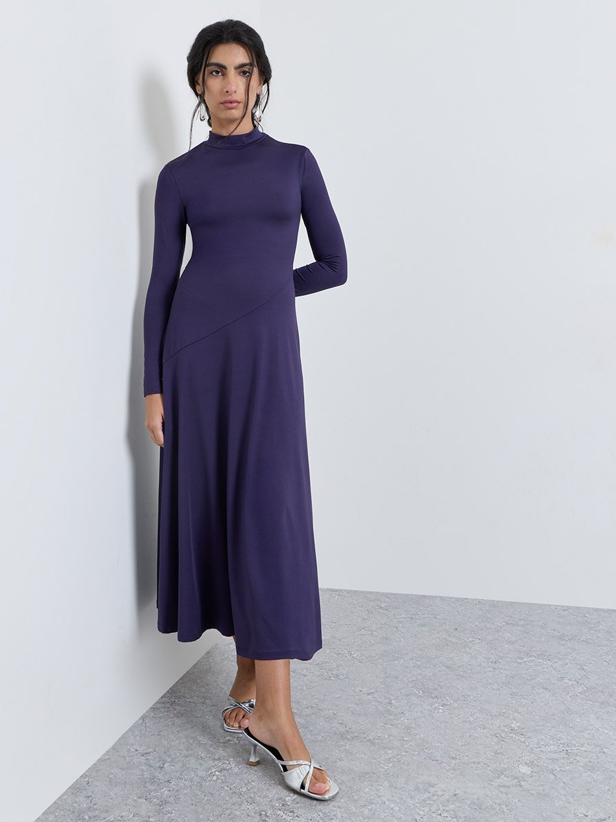 Purple High Neck A-Line Midi Dress