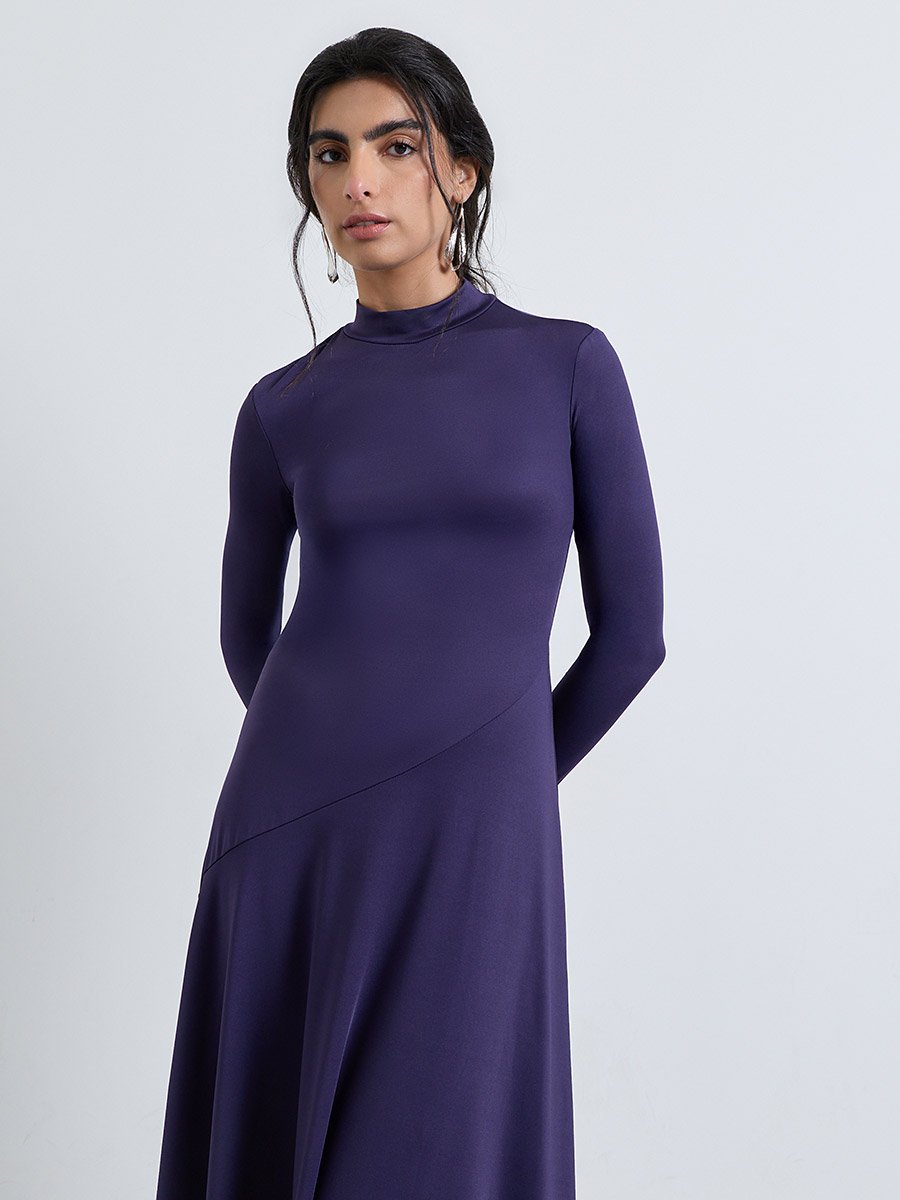 Purple High Neck A-Line Midi Dress