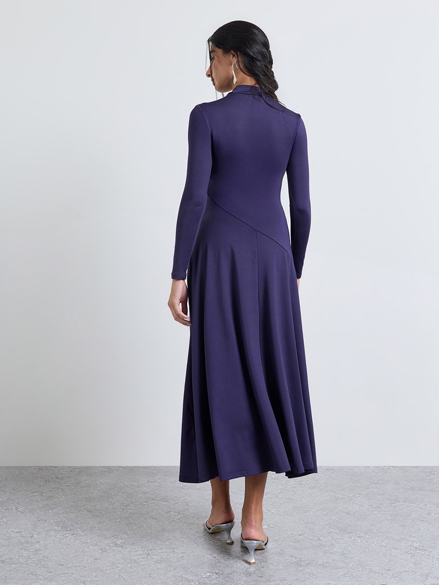 Purple High Neck A-Line Midi Dress