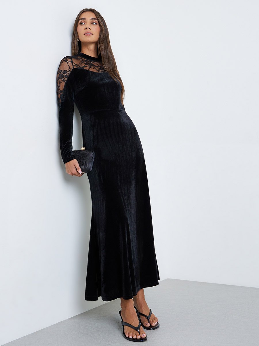 Black Velvet-Look Maxi Dress with Lace Insert