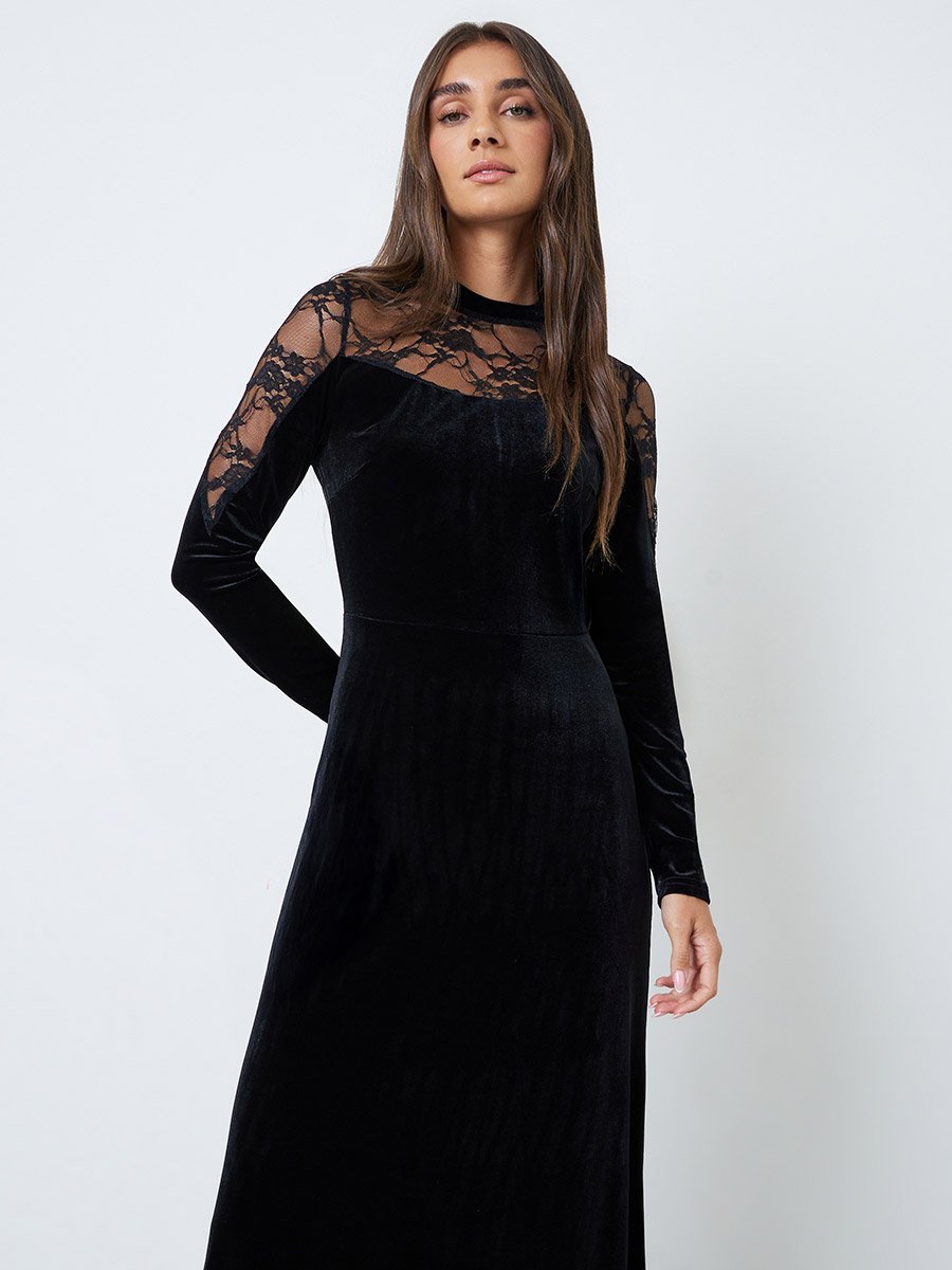 Black Velvet-Look Maxi Dress with Lace Insert