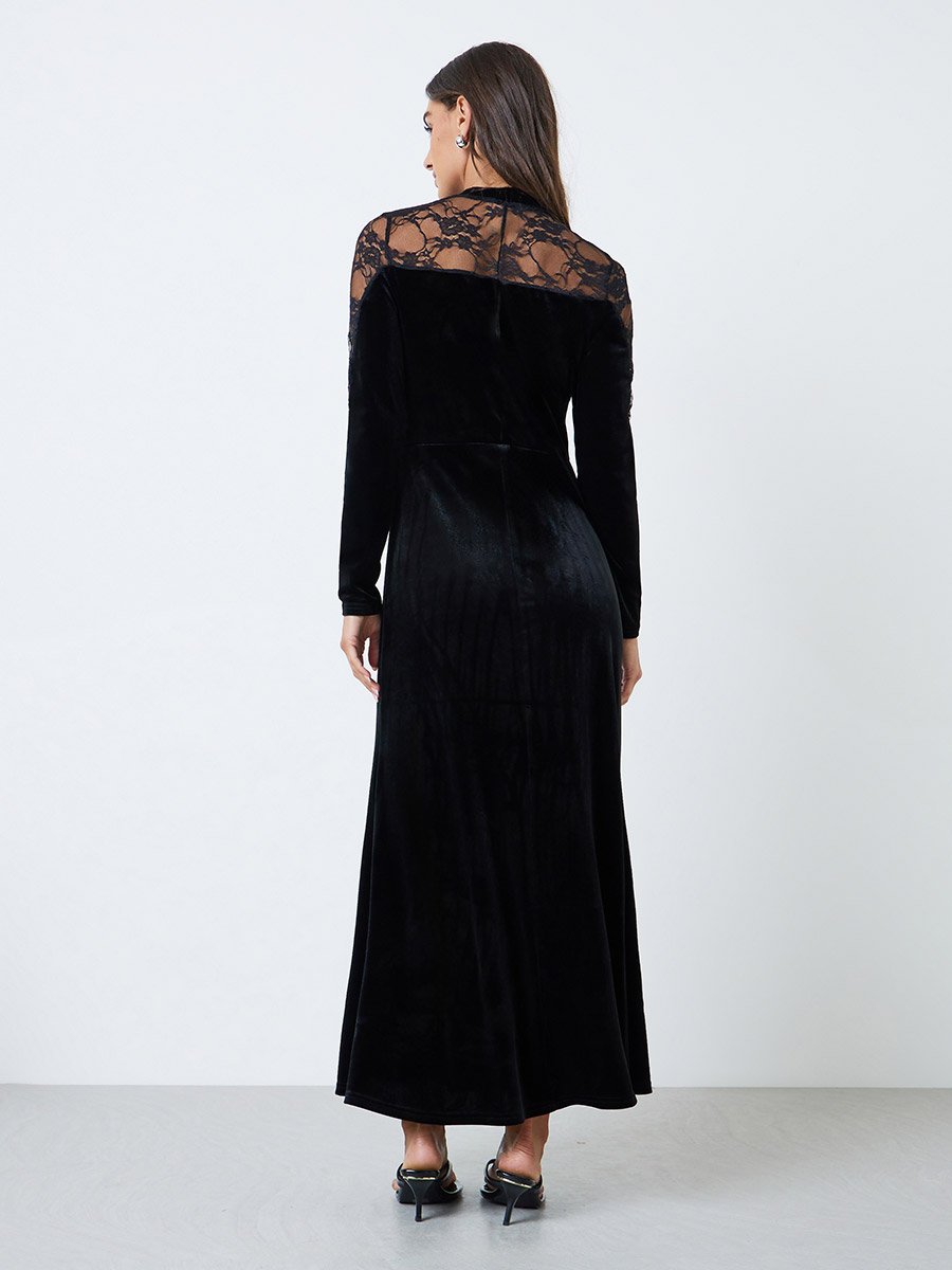 Black Velvet-Look Maxi Dress with Lace Insert