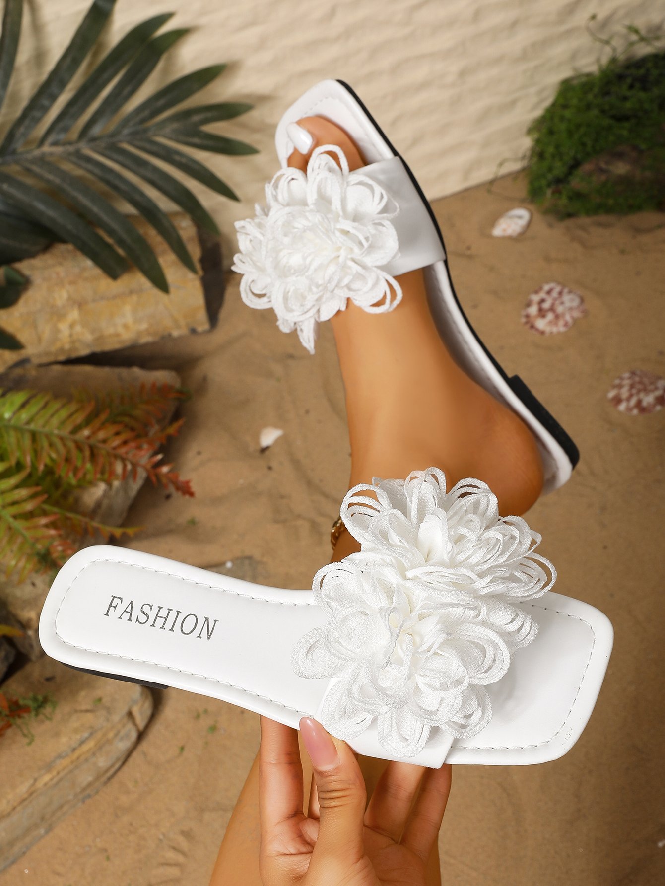 White Floral Embellished Flat Sandals for Women