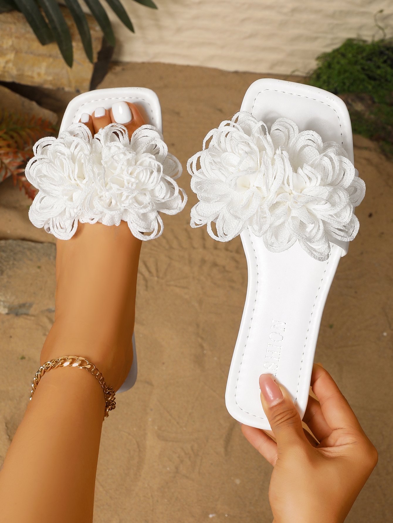 White Floral Embellished Flat Sandals for Women