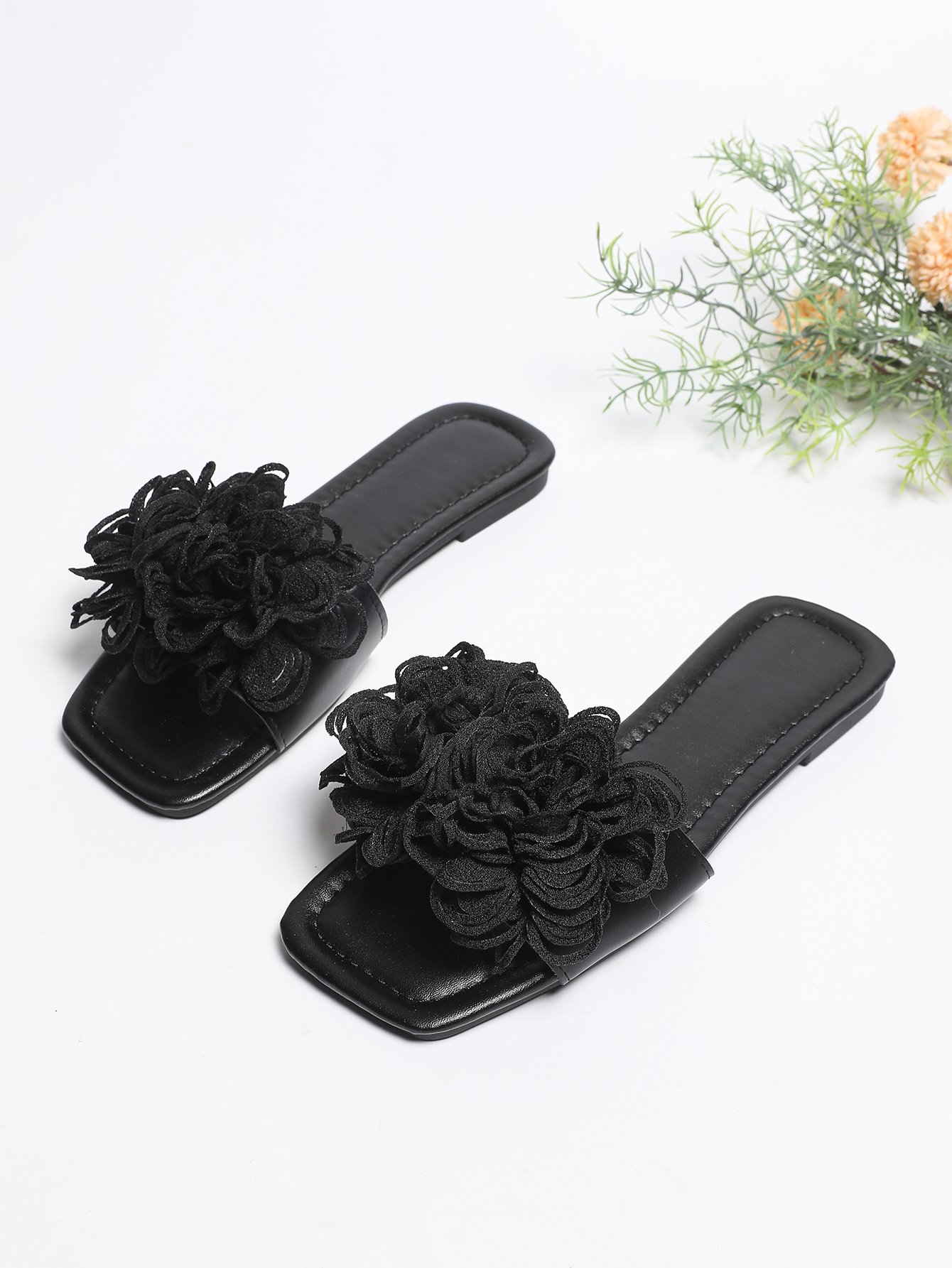 Black Floral Embellished Flat Sandals for Women