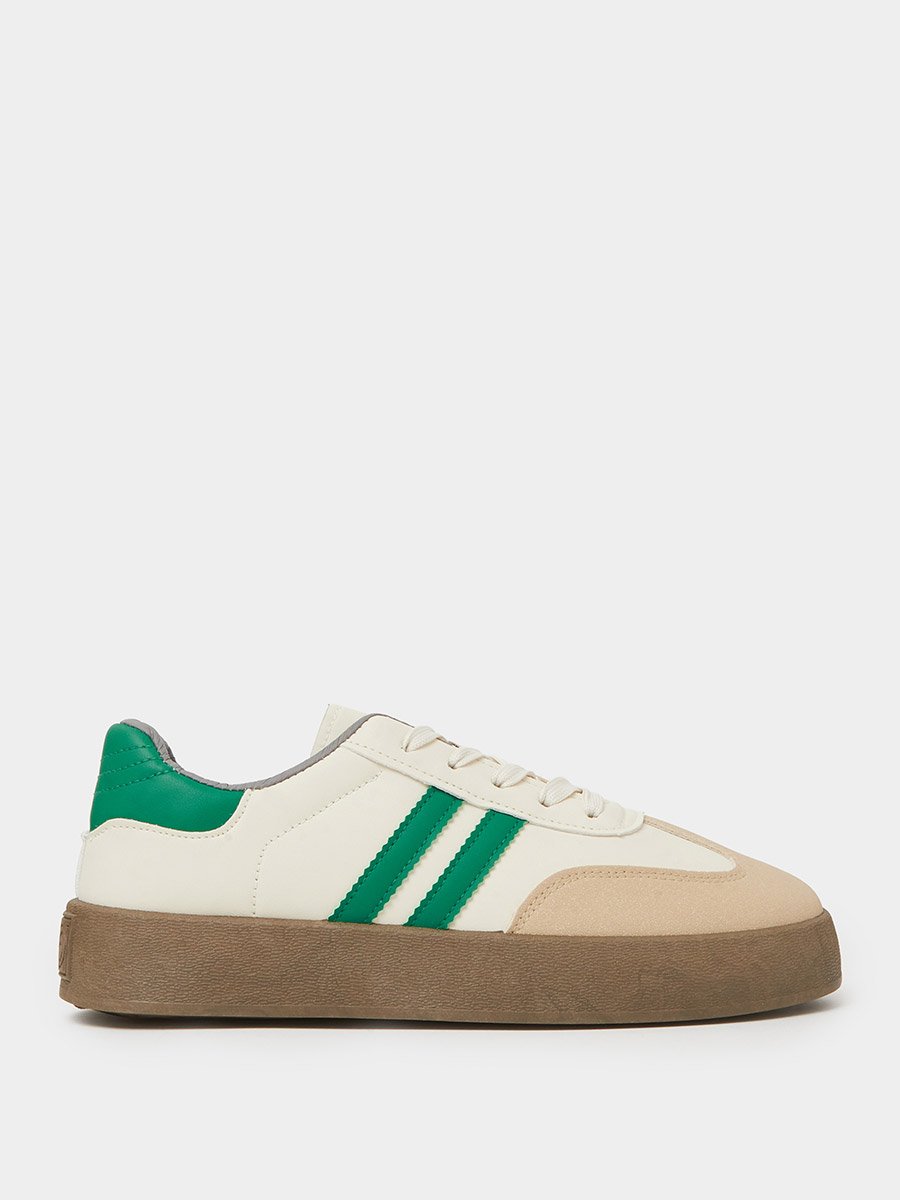 Off White Classic Court Sneakers with Green Stripes