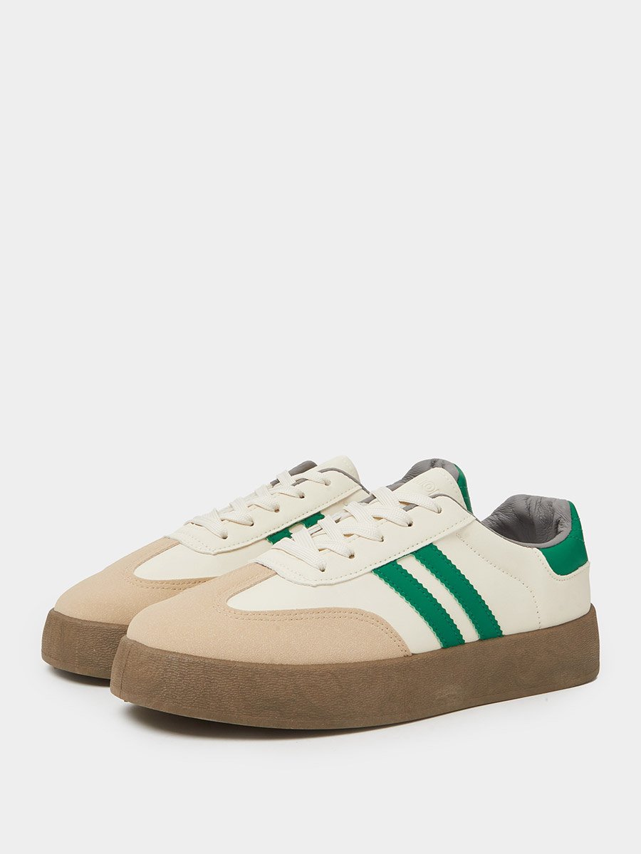 Off White Classic Court Sneakers with Green Stripes