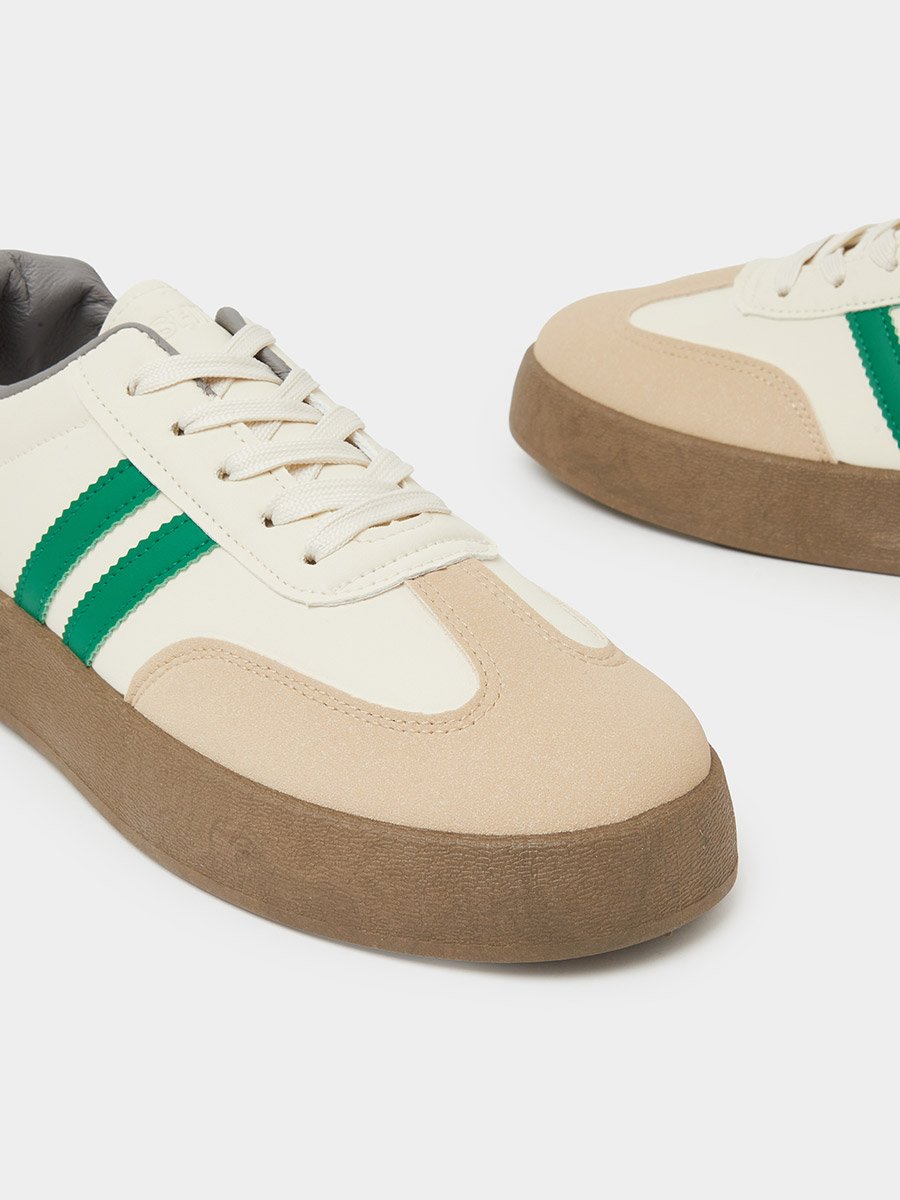Off White Classic Court Sneakers with Green Stripes