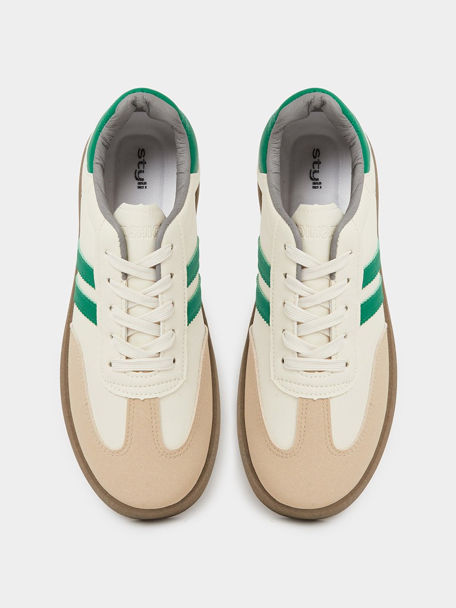 Off White Classic Court Sneakers with Green Stripes