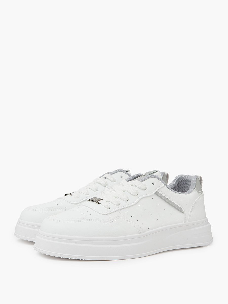 White Lace-Up Minimal Court Sneakers