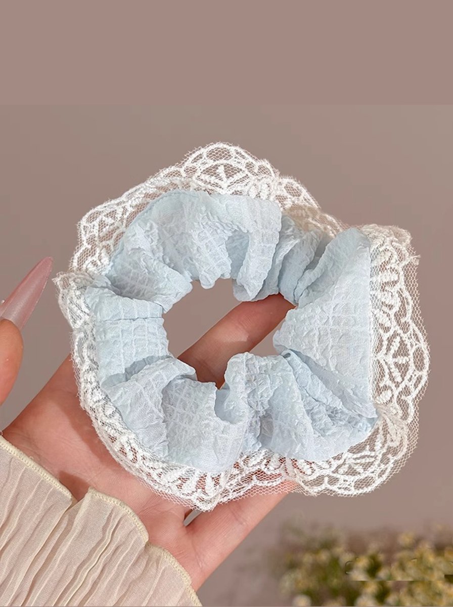 Light Blue Crinkle Scrunchie with Lace Trim, 14cm