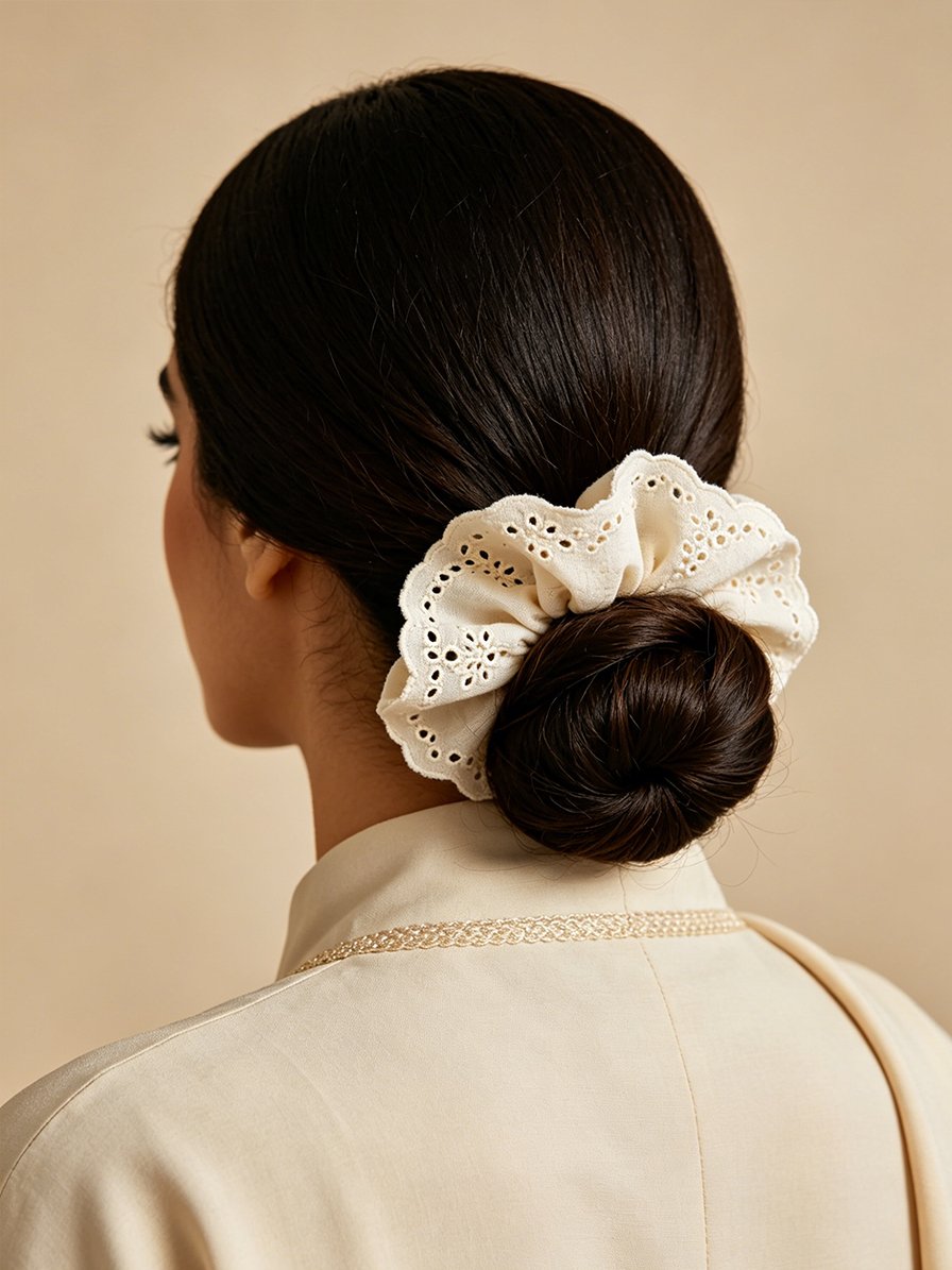 White Eyelet Embroidery Scrunchie, 15cm