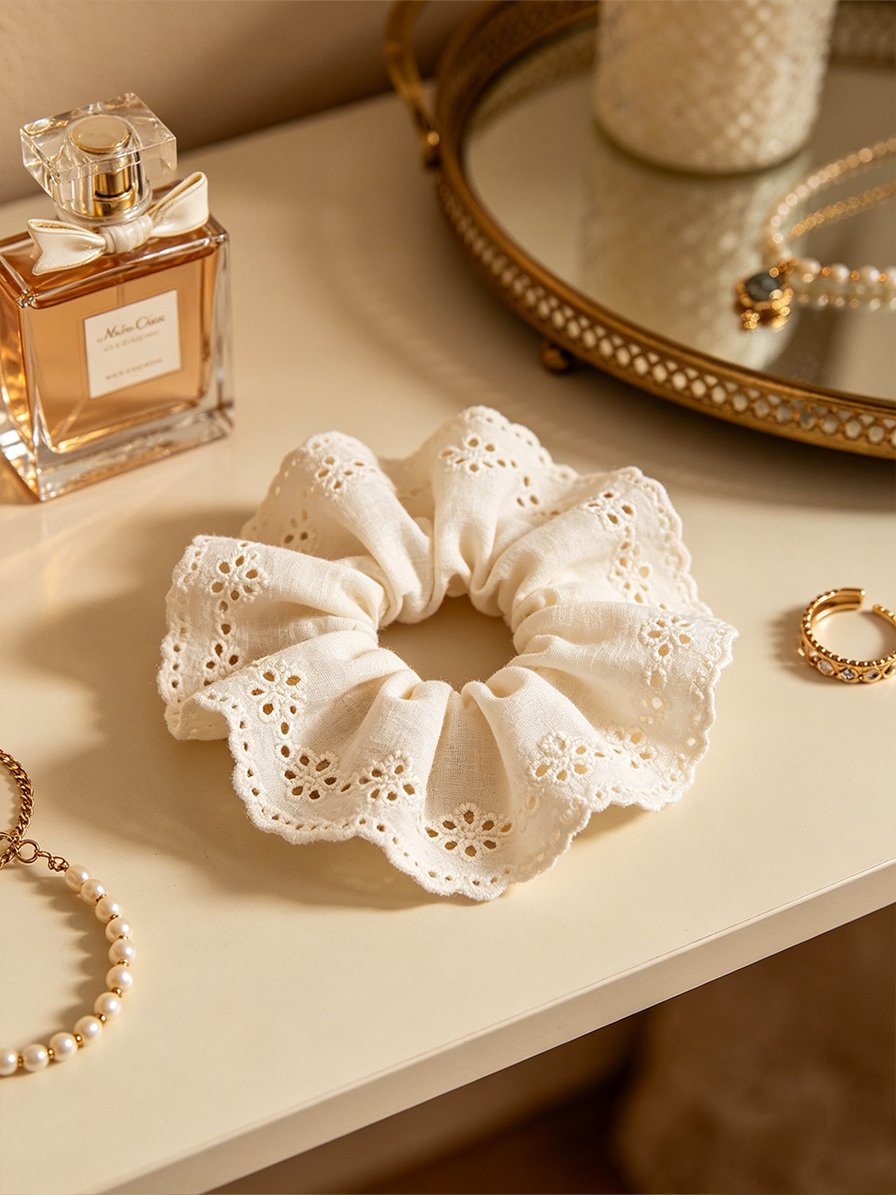 White Eyelet Embroidery Scrunchie, 15cm